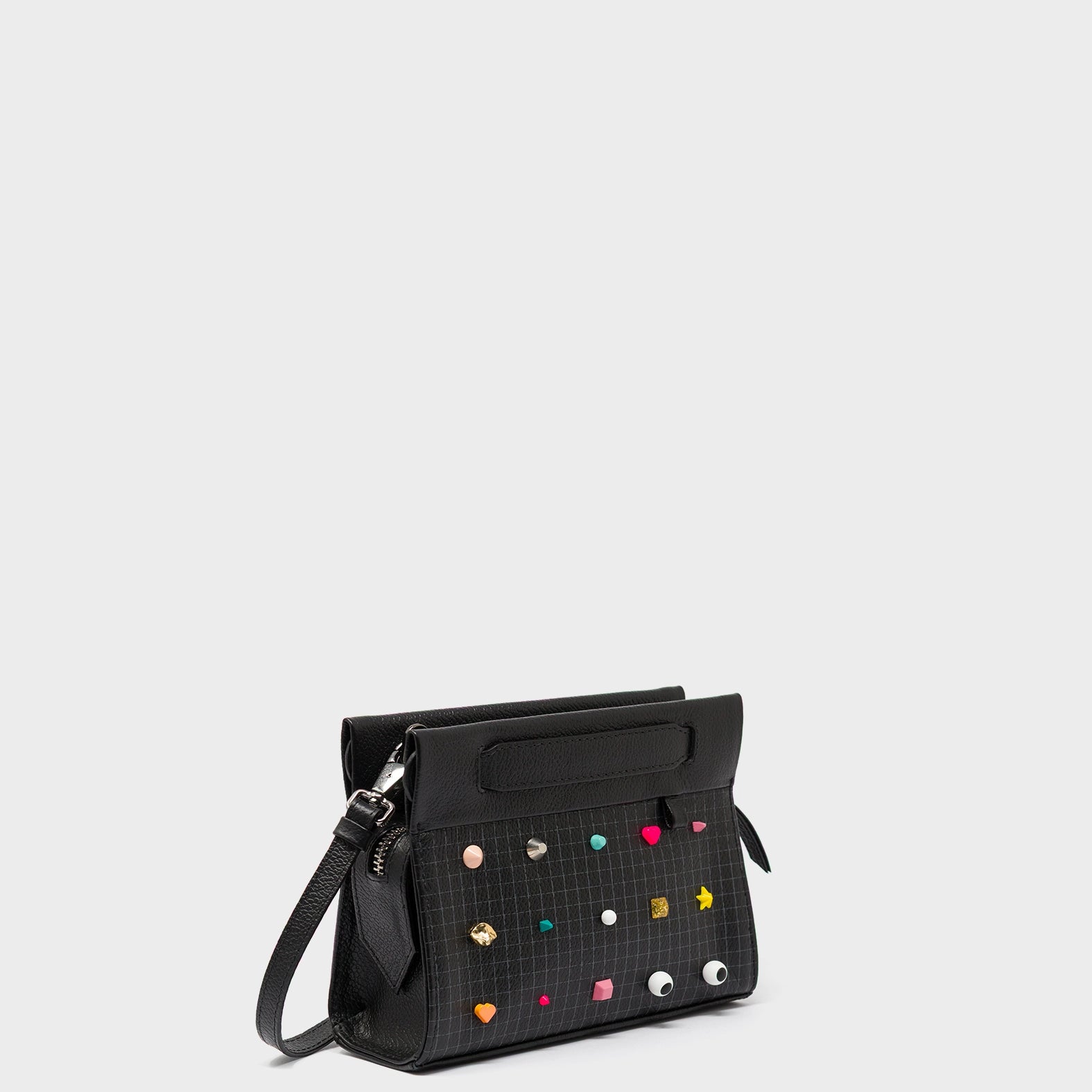 Vali Crossbody Micro Black Leather Bag - Studs Adjustable Handle - Main 