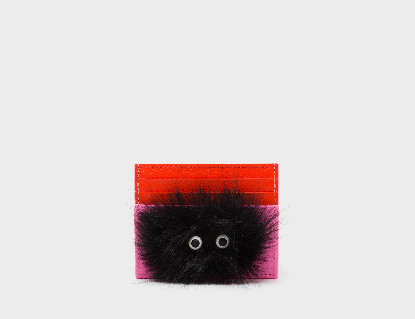 Felix Cerulean Blue and Bubblegum Pink Leather Cardholder - Fuzzy Monster Applique - Front