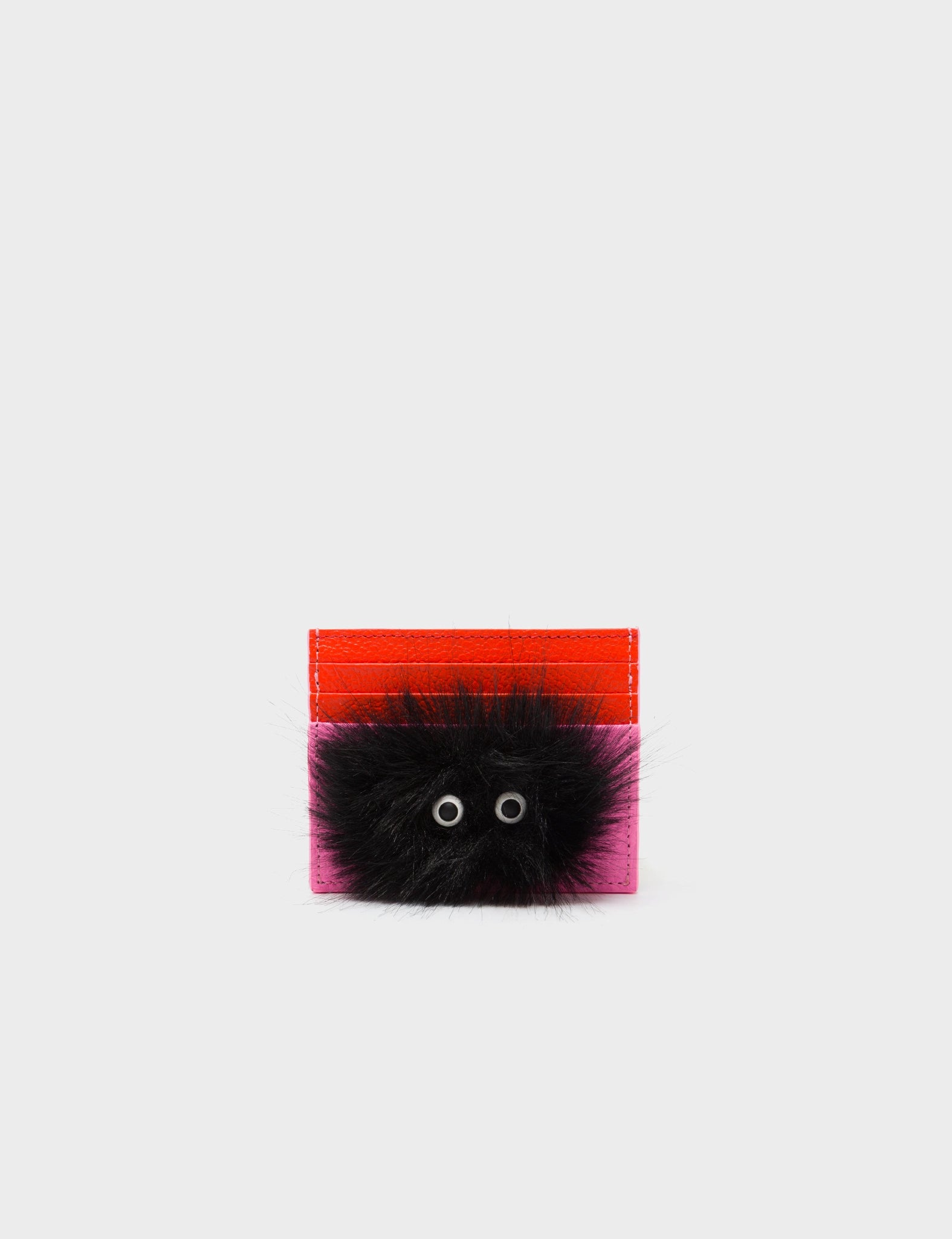 Felix Cerulean Blue and Bubblegum Pink Leather Cardholder - Fuzzy Monster Applique - Front