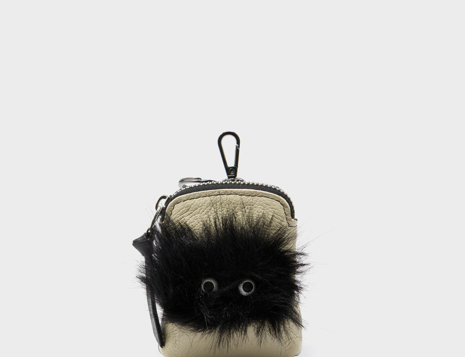 Florence Pouch Charm - Gravel Beige Leather Keychain Fuzzy Monster Applique  - Front