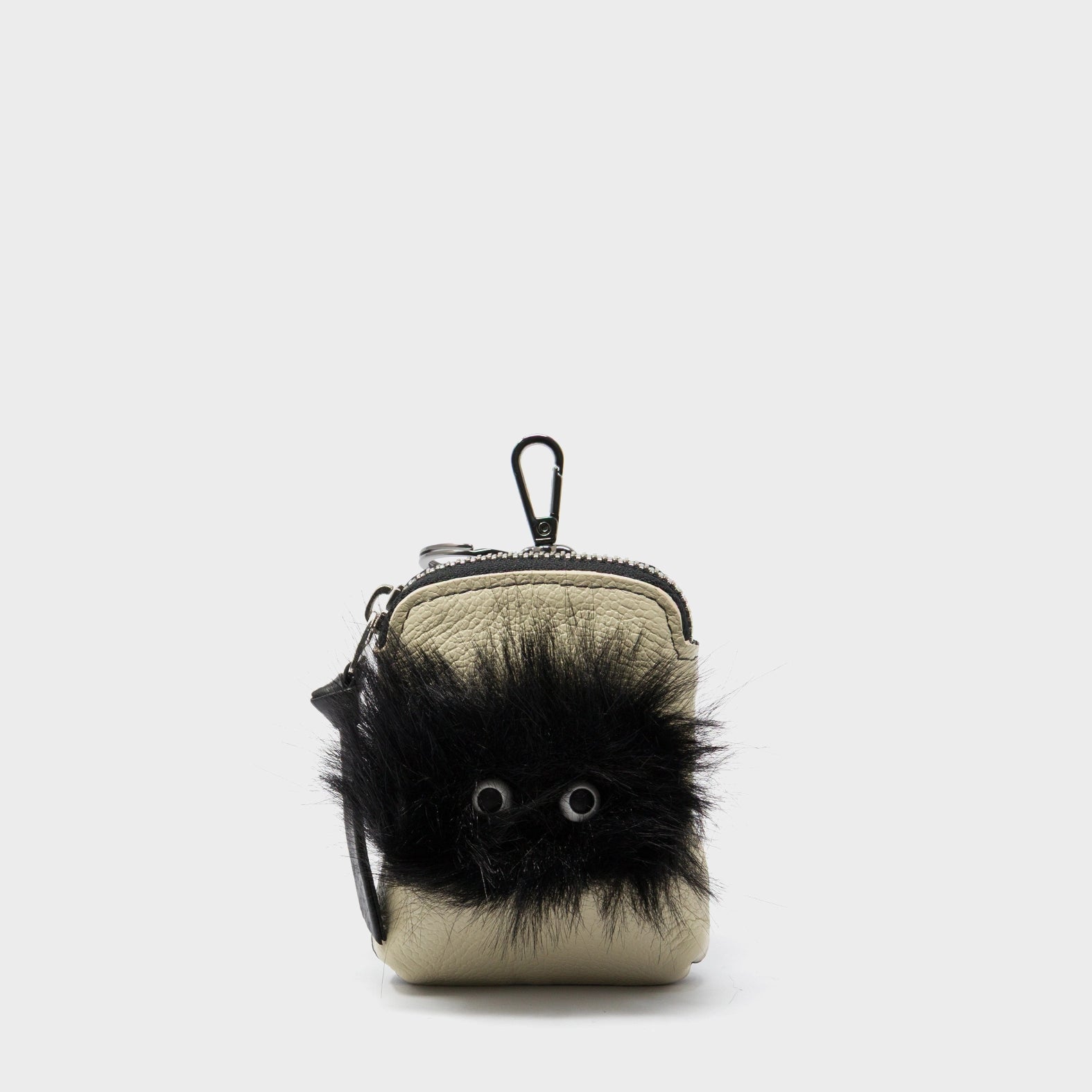 Florence Pouch Charm - Gravel Beige Leather Keychain Fuzzy Monster Applique  - Front