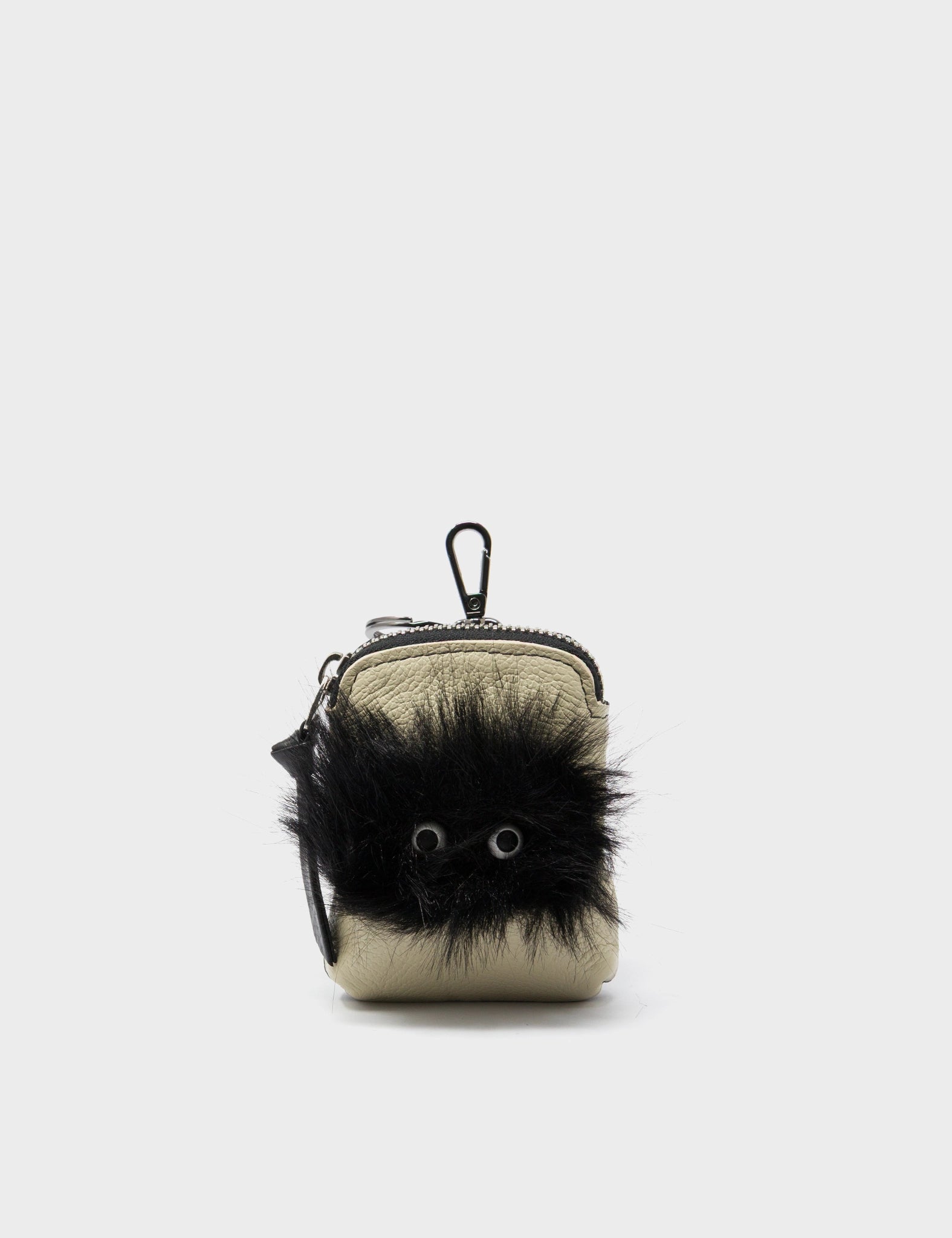 Florence Pouch Charm - Gravel Beige Leather Keychain Fuzzy Monster Applique  - Front