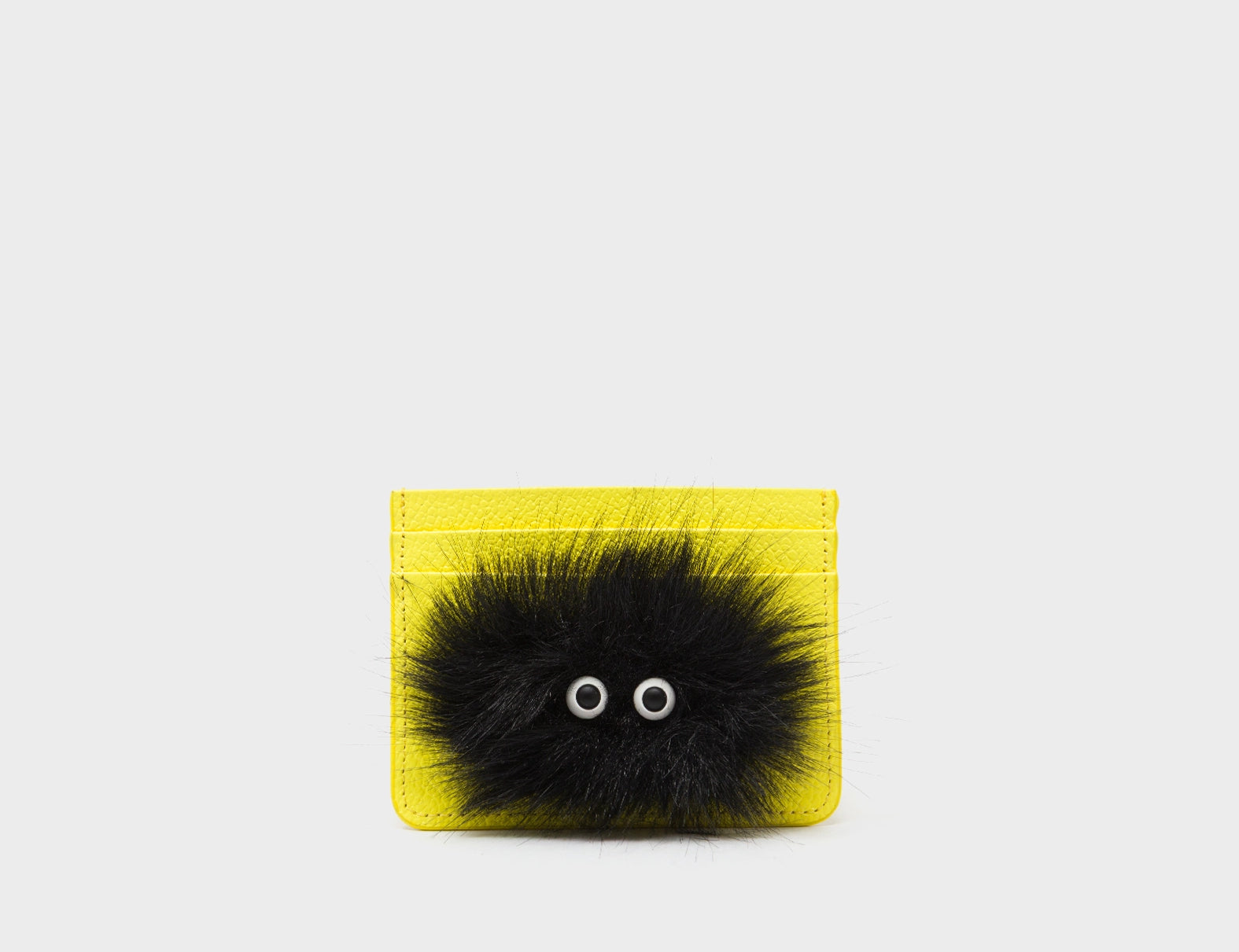 Filium Celadine Yellow Leather Cardholder - Fuzzy Monster Applique - Front