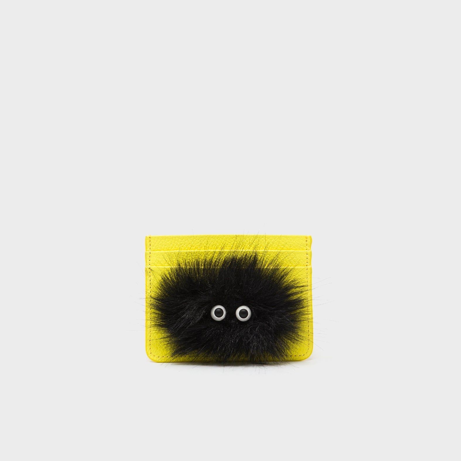 Filium Celadine Yellow Leather Cardholder - Fuzzy Monster Applique - Front