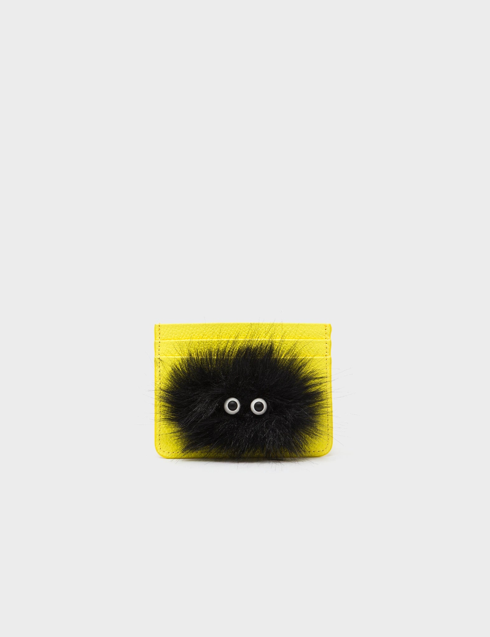 Filium Celadine Yellow Leather Cardholder - Fuzzy Monster Applique - Front