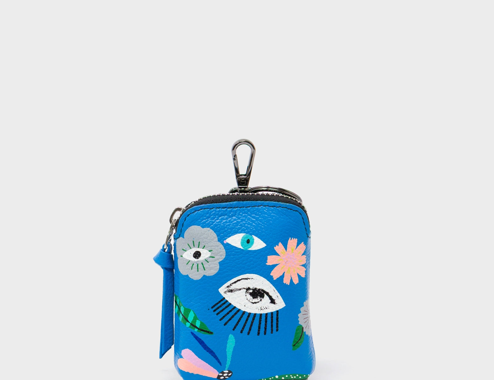 Florence Pouch Charm - Ibiza Blue Leather Keychain Floralia Print - Front