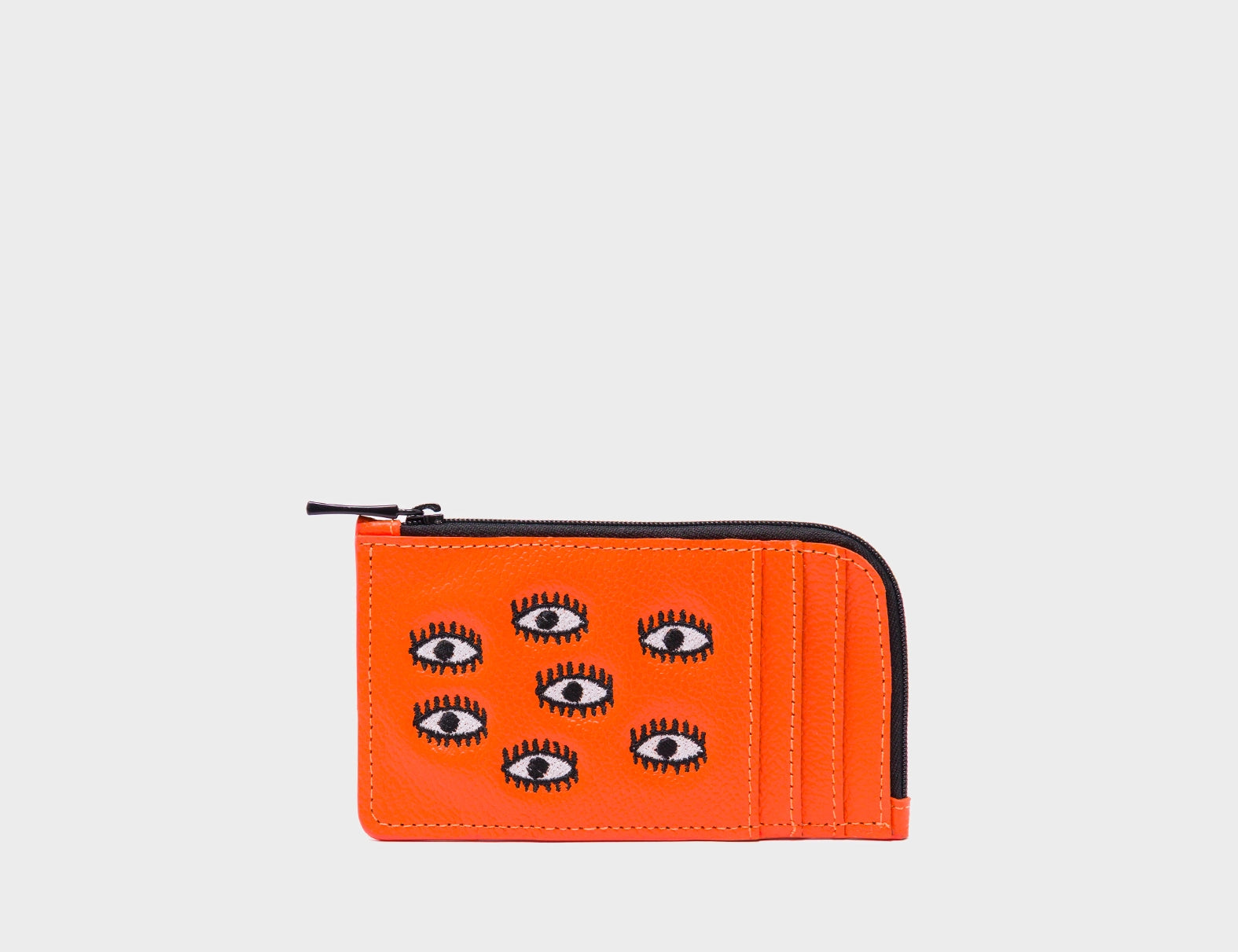 Fausto Vermillion Leather Zip-around Cardholder - All Over Eyes Embroidery - Front