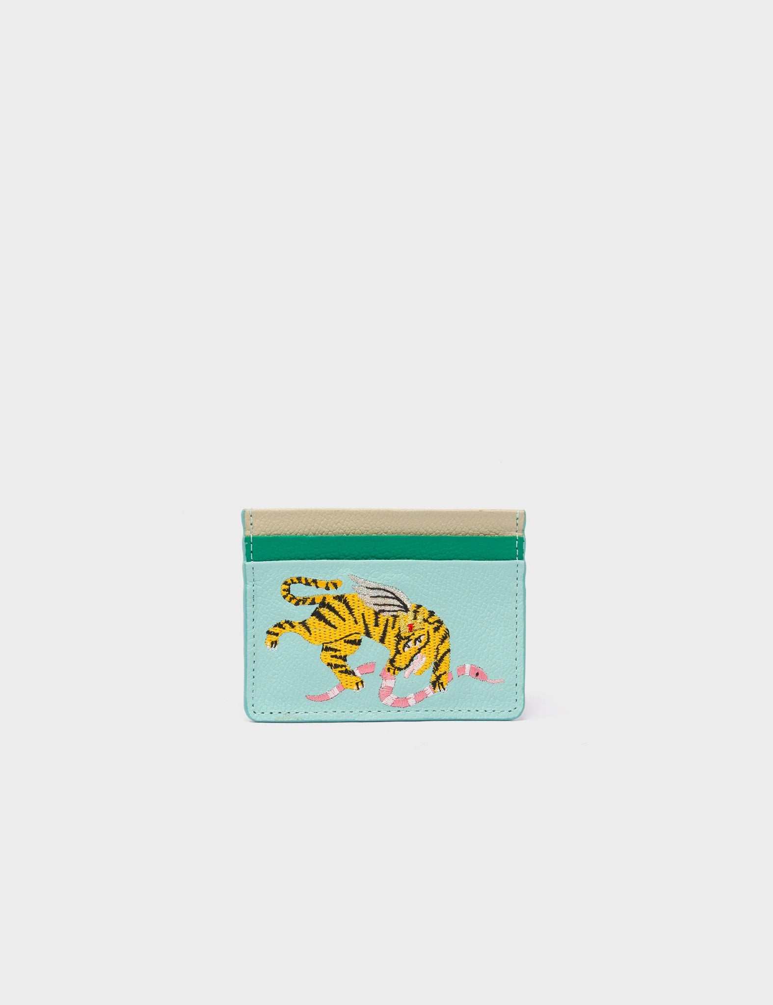 Filium Eggshell Blue Leather Cardholder - Tiger Embroidery - Front