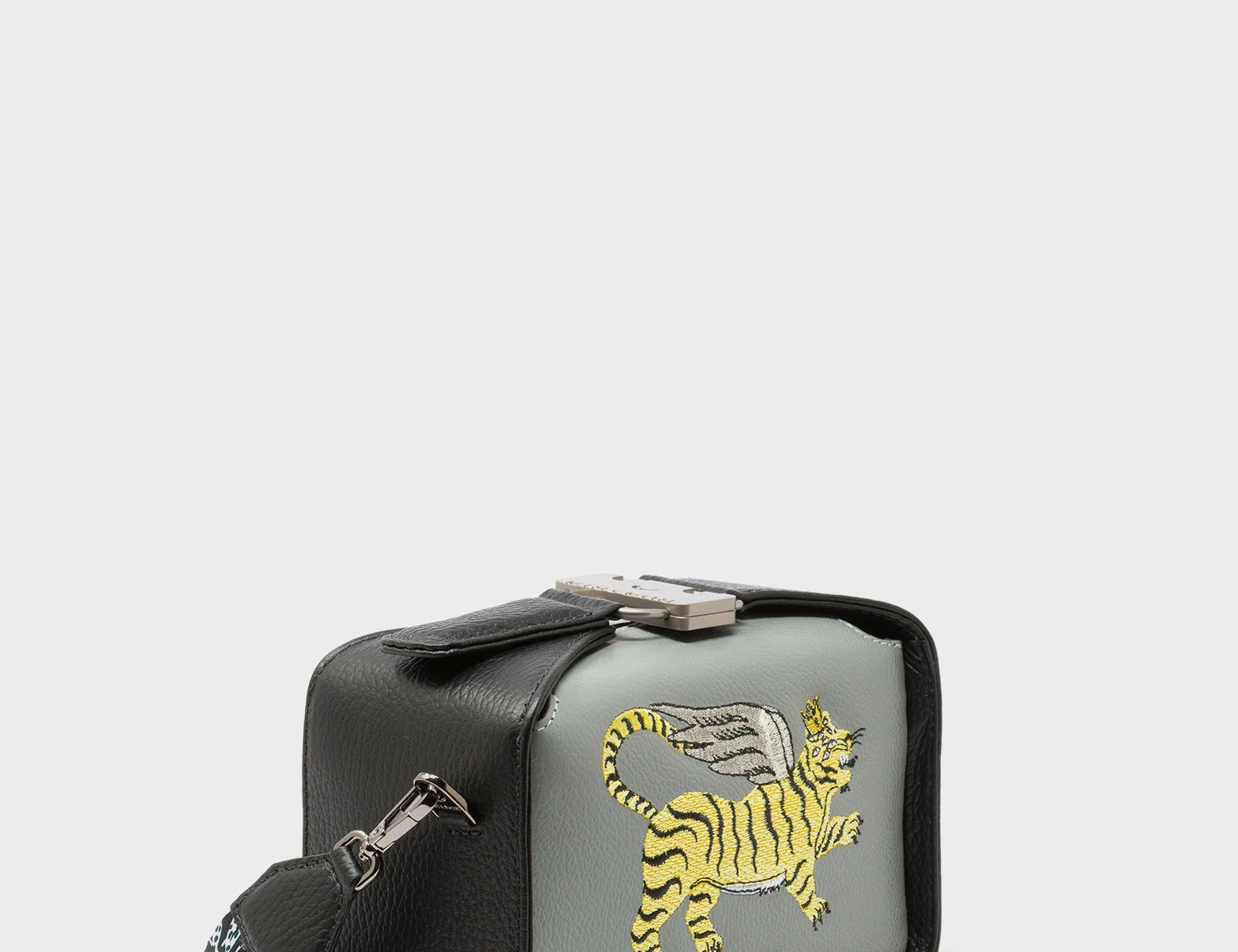 Benji Micro Crossbody Black and Gray Leather Bag - Winged Tiger Embroidery - Main