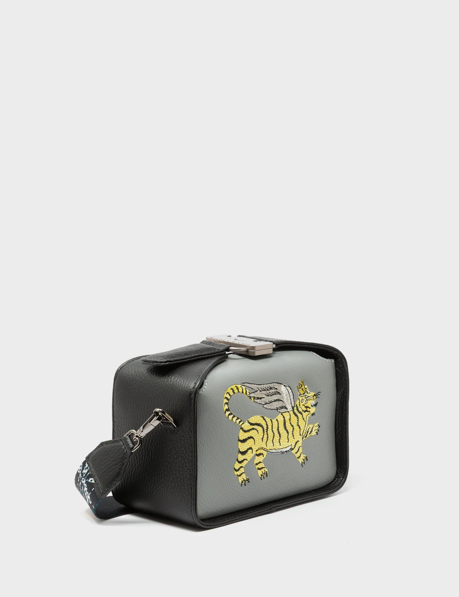 Benji Micro Crossbody Black and Gray Leather Bag - Winged Tiger Embroidery - Main