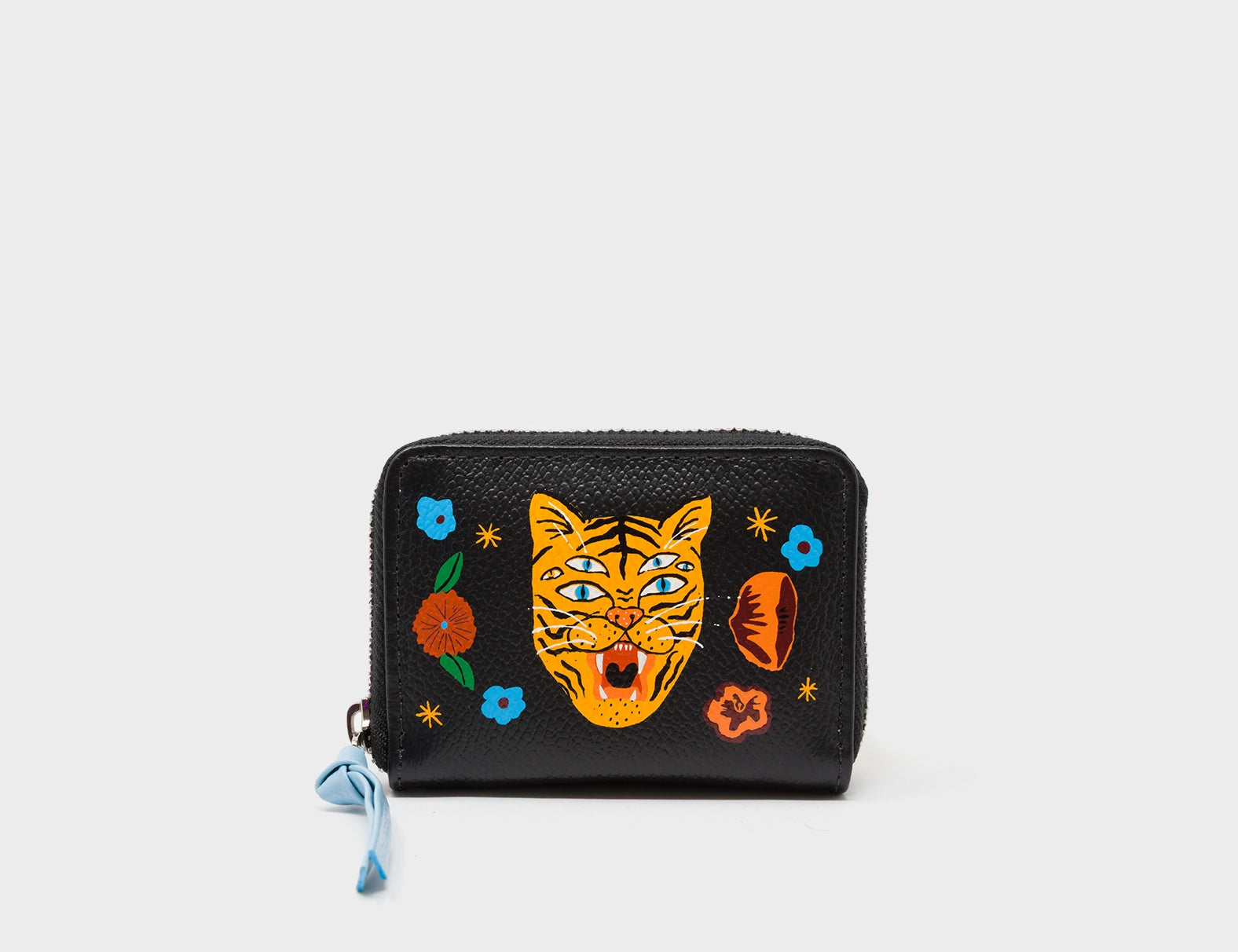 Frodo Black Leather Zip Around Wallet - Happy Tiger Print - Front