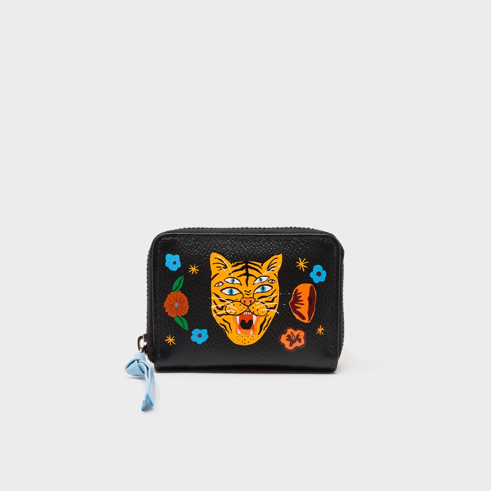 Frodo Black Leather Zip Around Wallet - Happy Tiger Print - Front