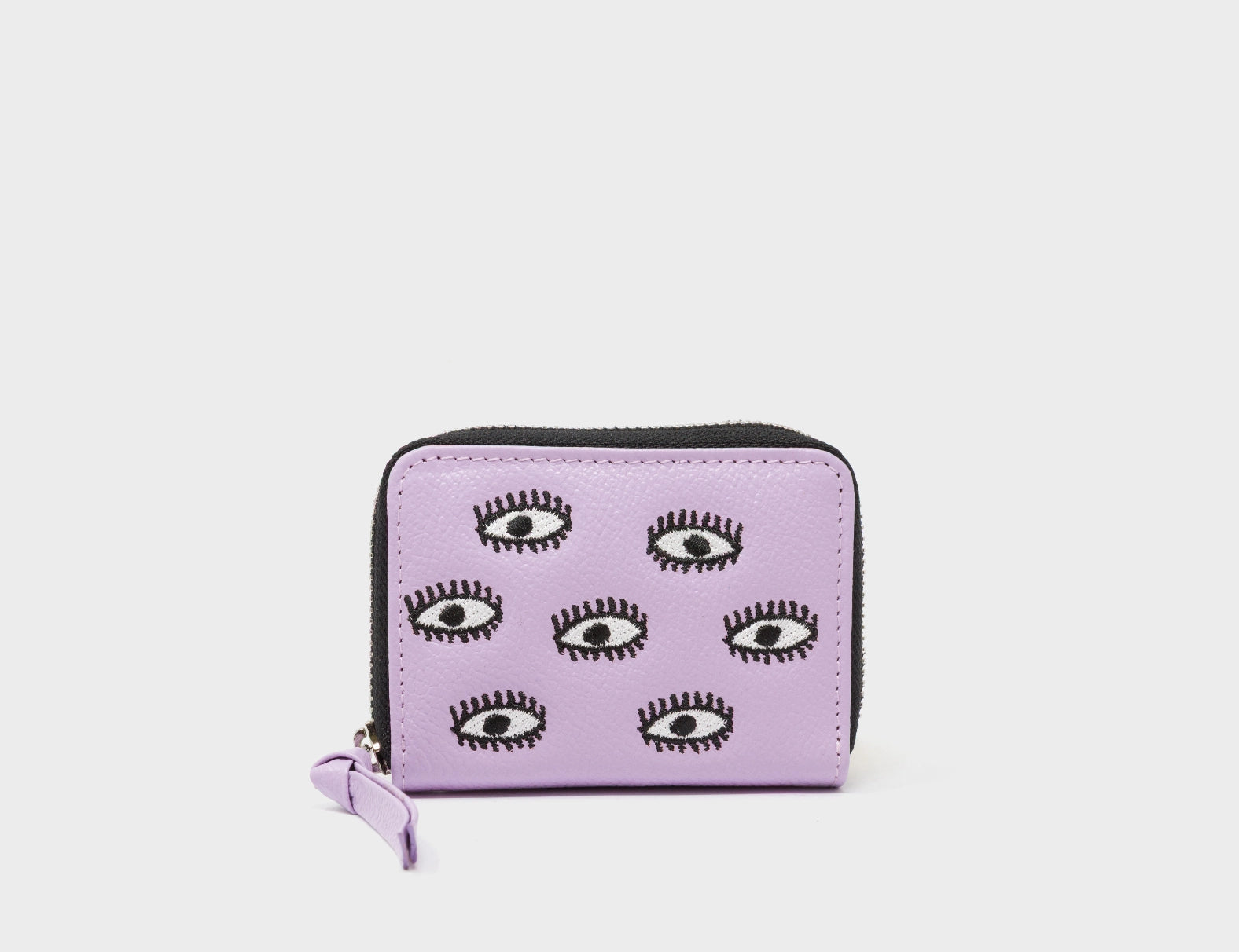 Frodo Lavender Leather Zip Around Wallet - All Over Eyes Embroidery - Front