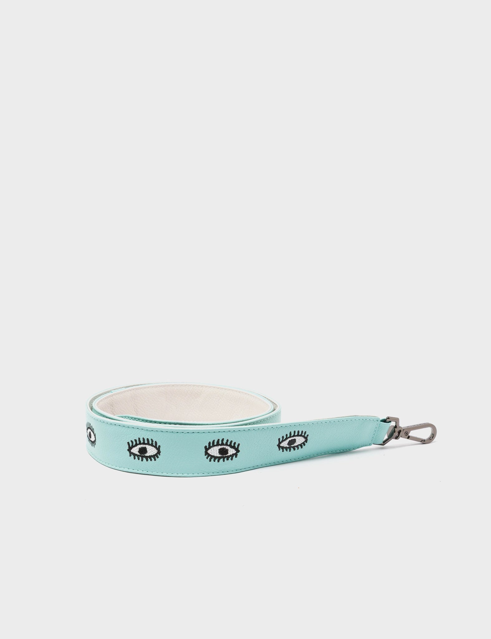 Detachable Eggshell Blue Leather Shoulder Strap - All Over Eyes Embroidery  - How To Package
