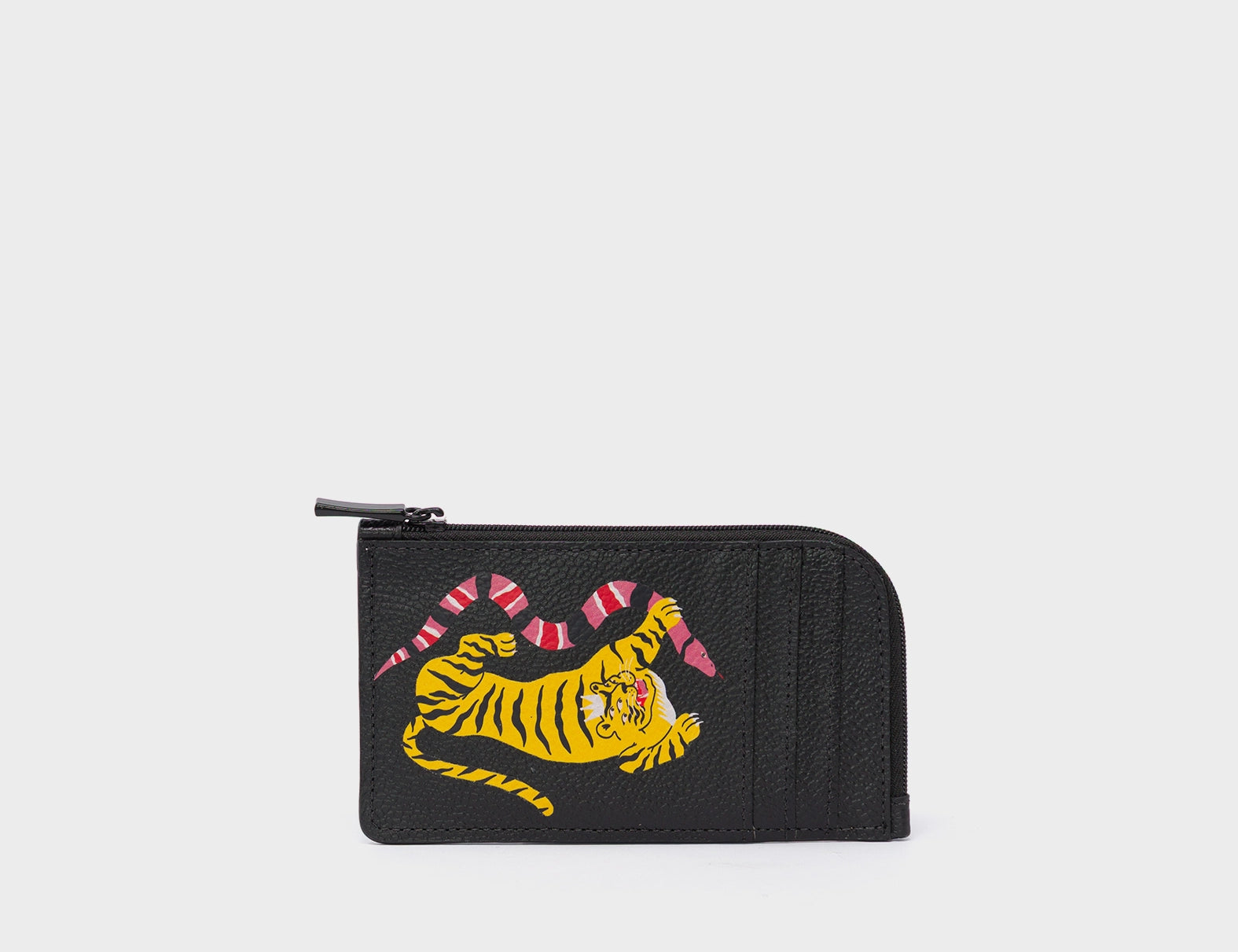 Fausto Black Leather Zip-around Cardholder - Tiger and Snake Design - Front