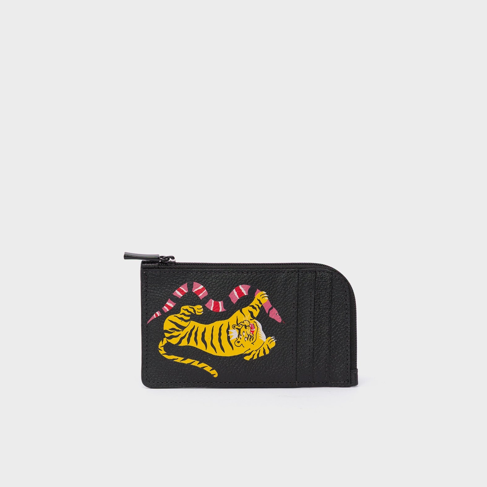 Fausto Black Leather Zip-around Cardholder - Tiger and Snake Design - Front