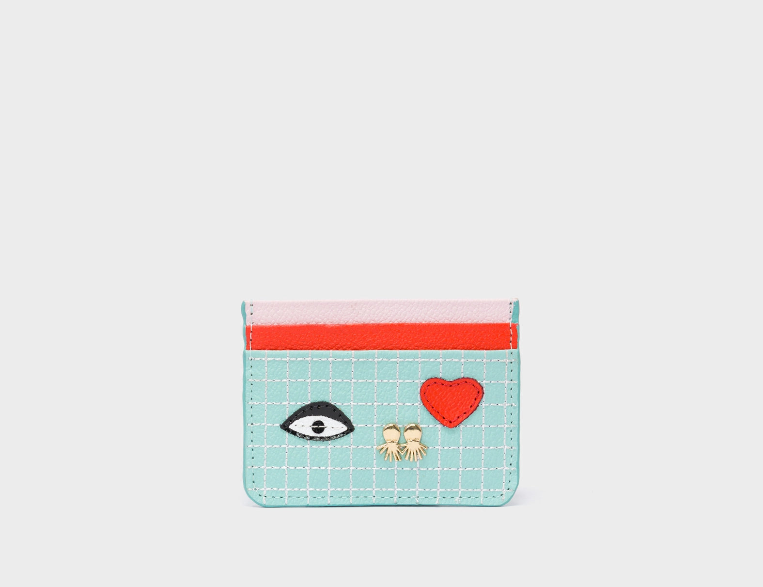 Filium Eggshell Blue Leather Cardholder - Classic Eye and Heart Applique - Front