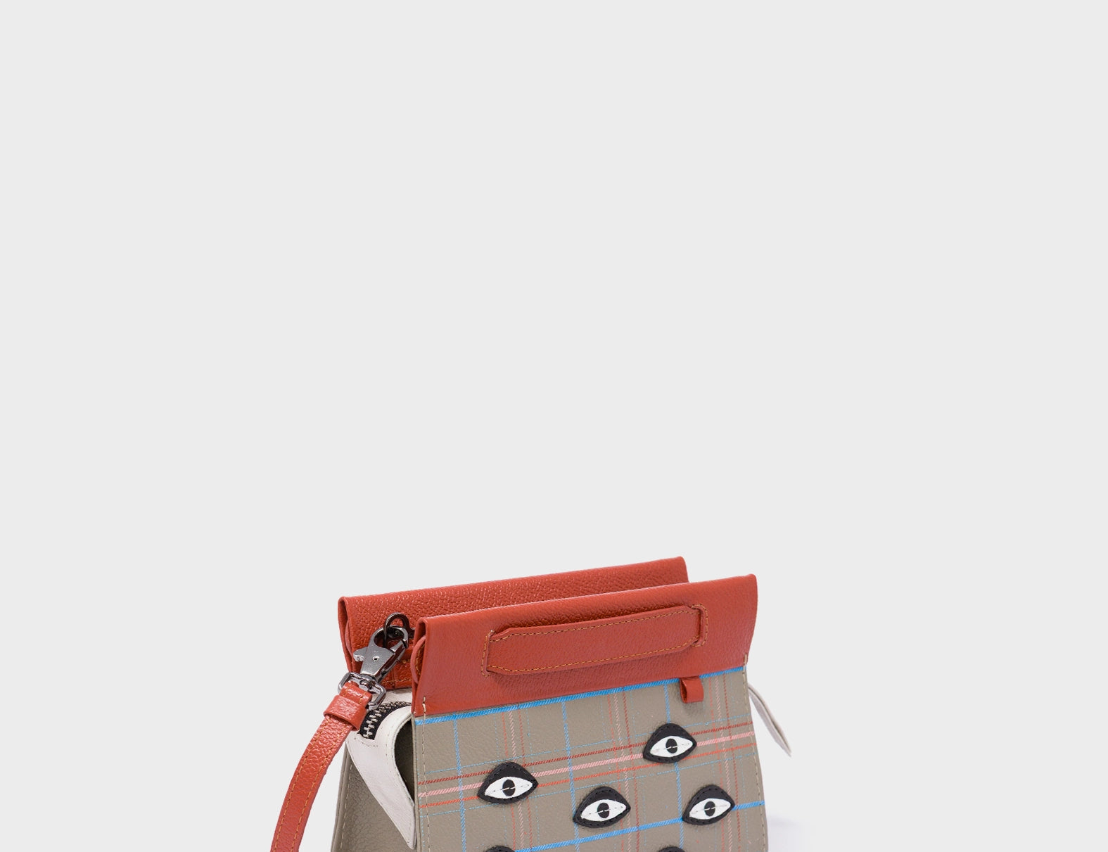 Vali Crossbody Micro Tuffet Brown Leather Bag - Eyes Applique Adjustable Handle - Main View