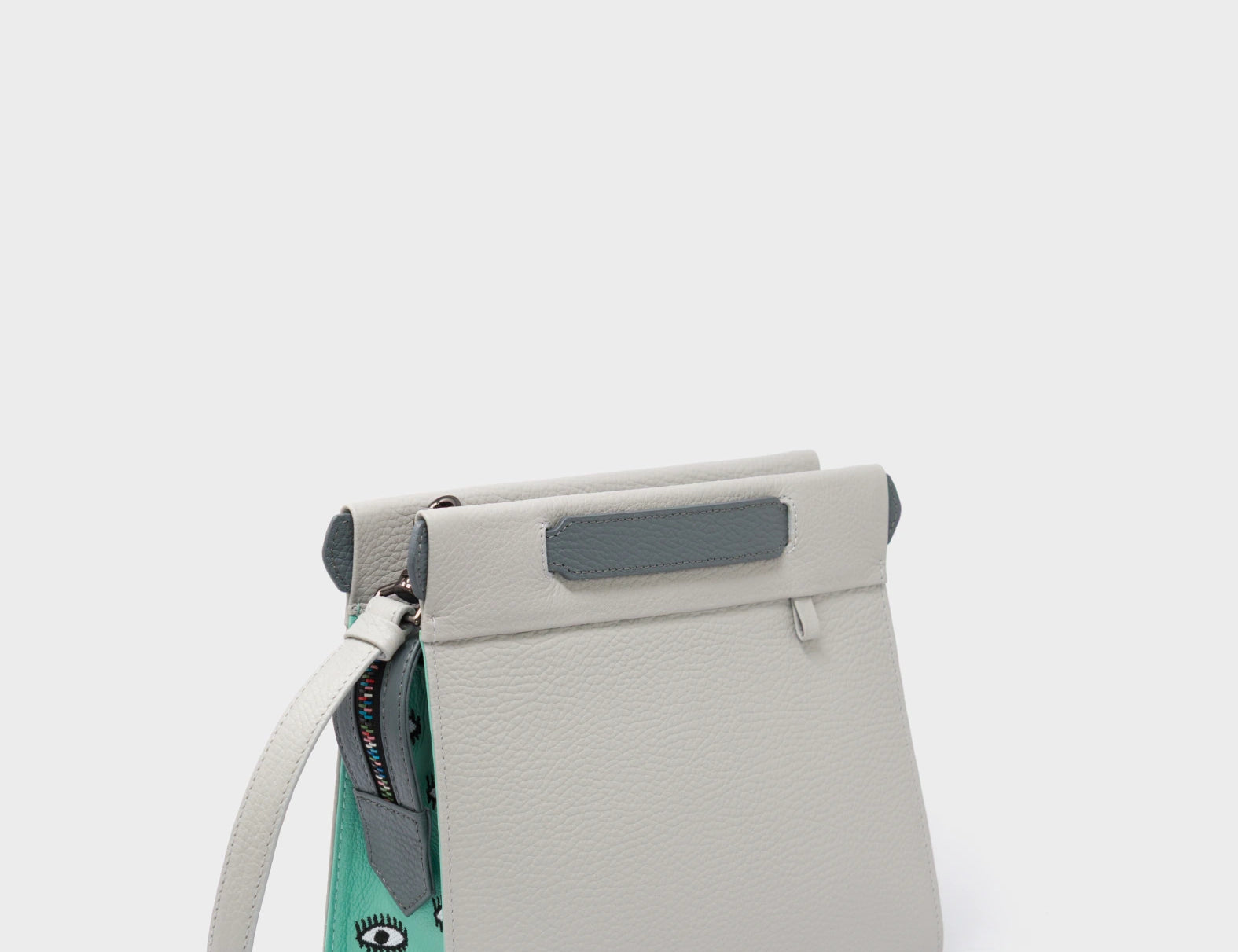 Vali Crossbody Moonwalk Gray and Oceanic Green Leather Bag - All Over Eyes Embroidery - Main