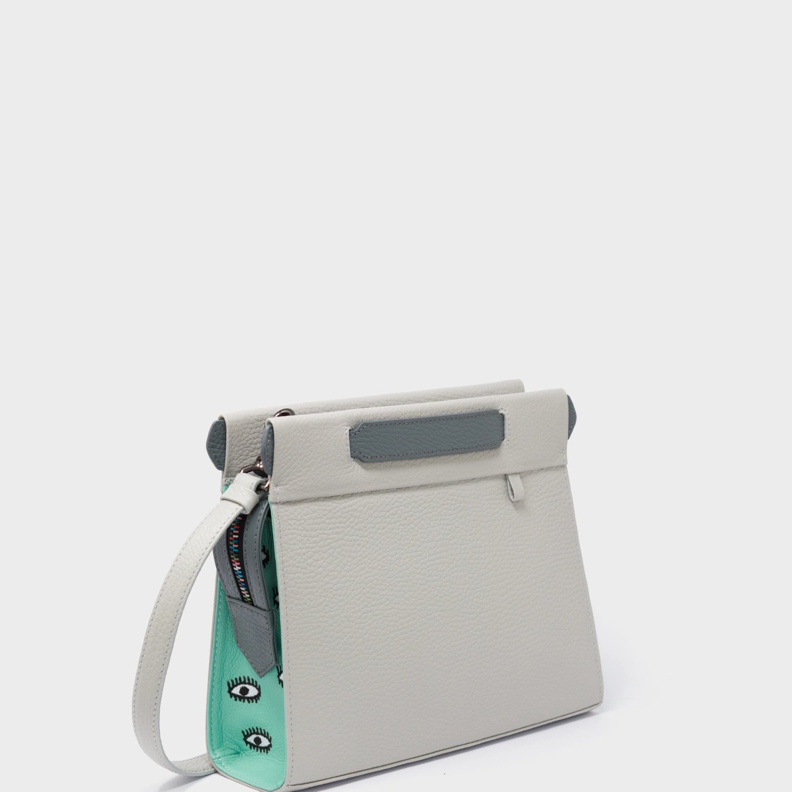 Vali Crossbody Moonwalk Gray and Oceanic Green Leather Bag - All Over Eyes Embroidery - Main