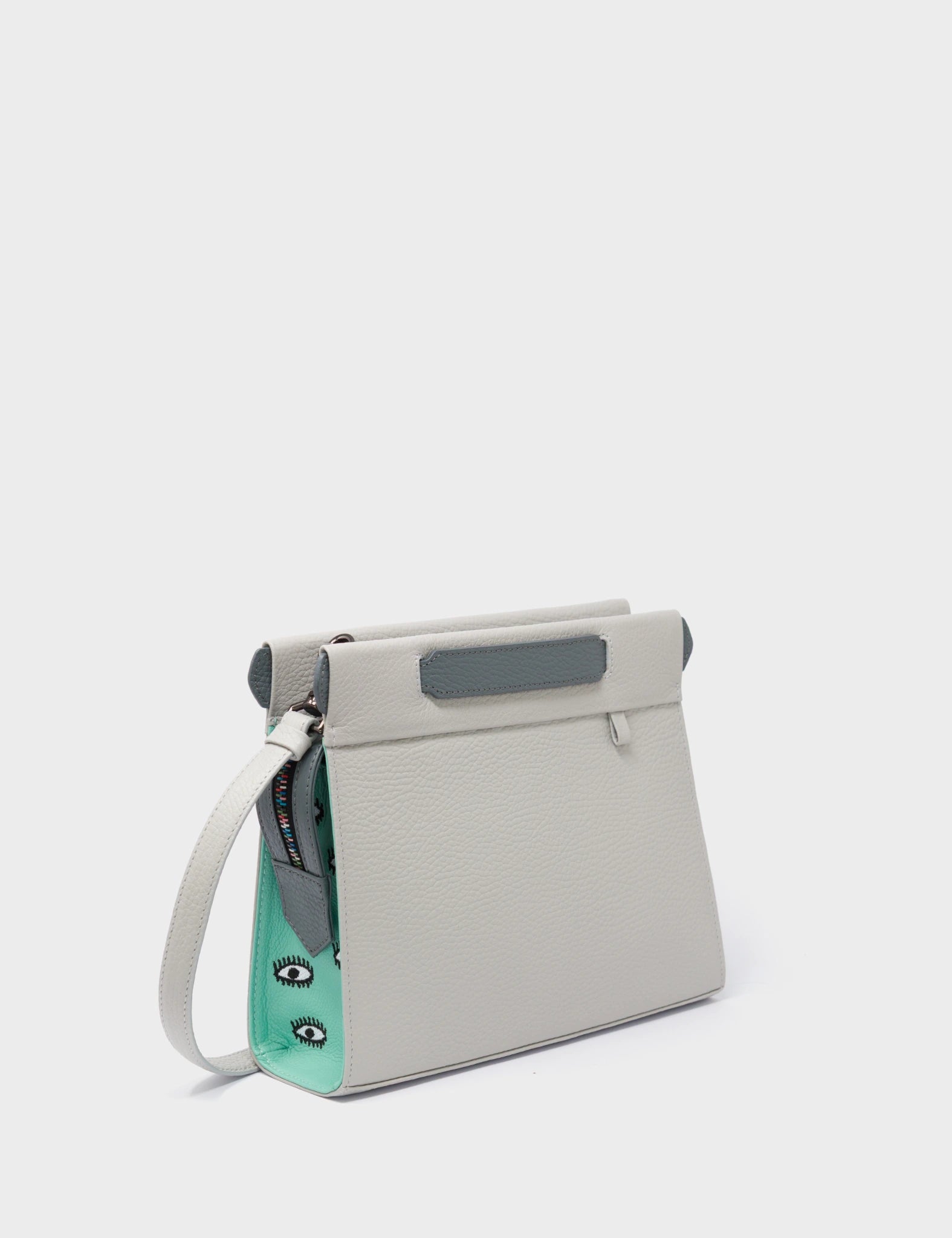 Vali Crossbody Moonwalk Gray and Oceanic Green Leather Bag - All Over Eyes Embroidery - Main
