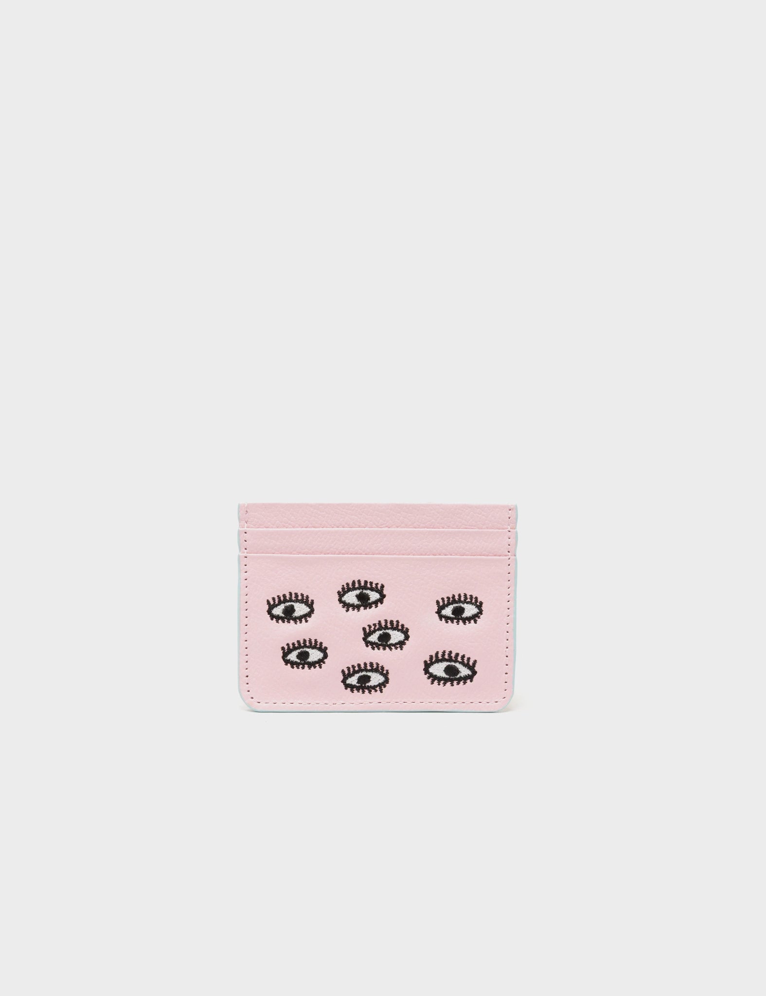 Filium Parfait Pink Leather Cardholder - All Over Eyes Embroidery - Front