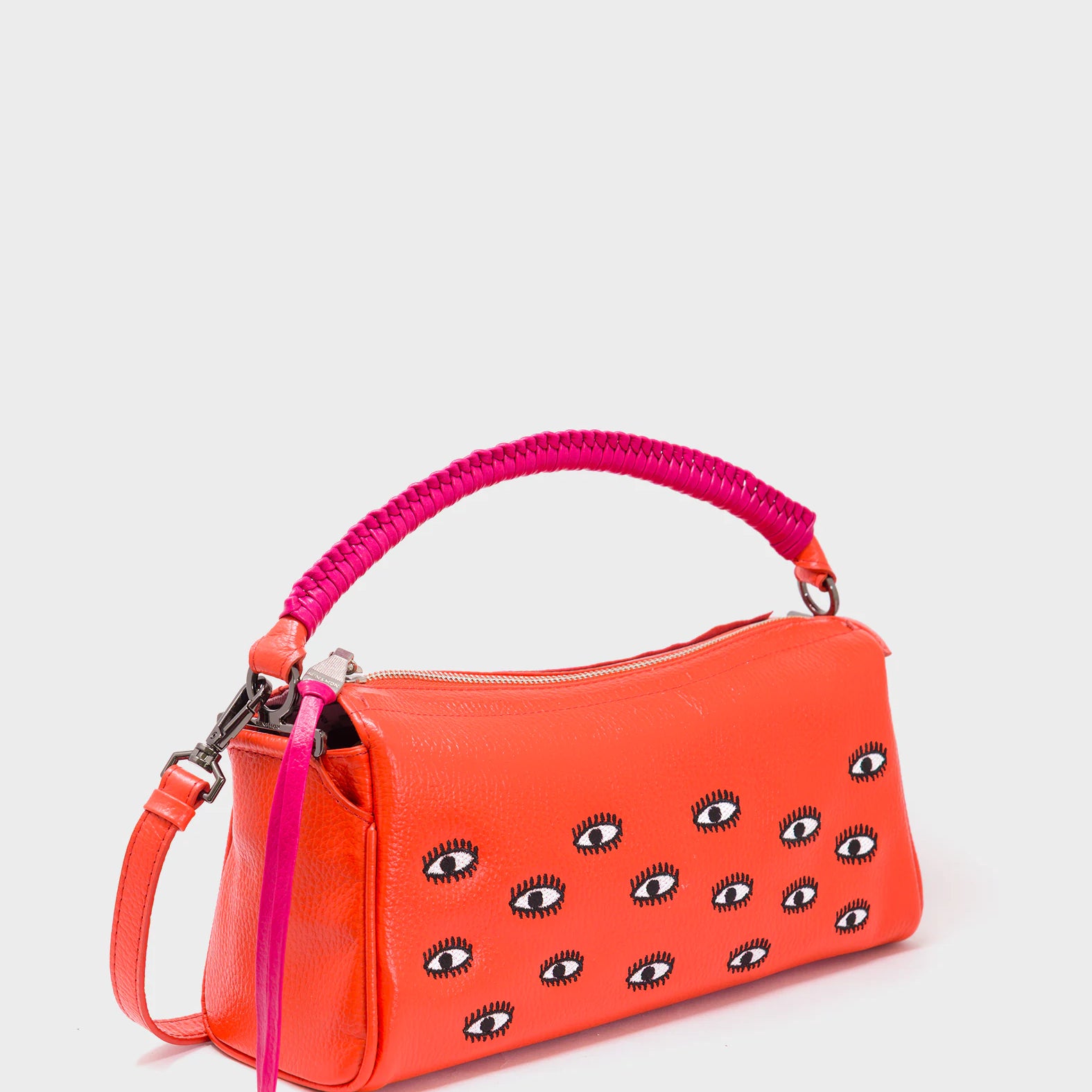 Tamarindo Medium Fiesta Red Leather Shoulder Bag - All Over Eyes Embroidery - Main view
