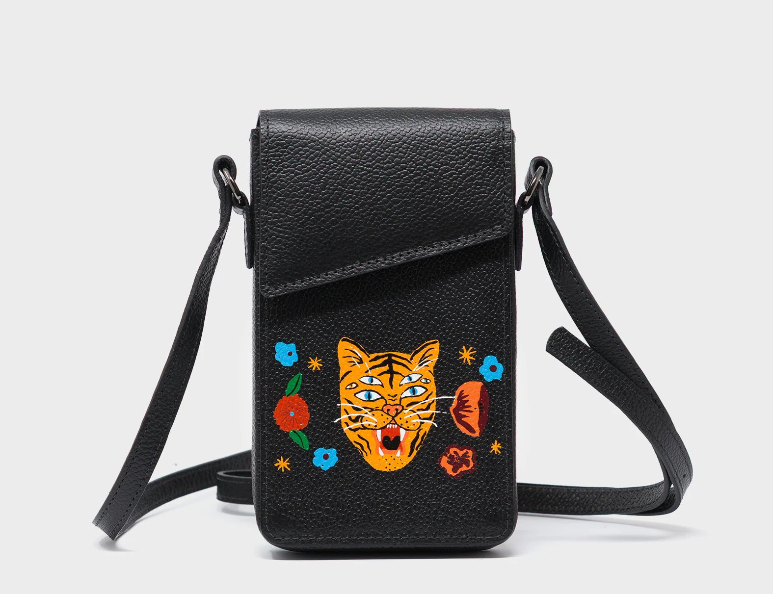 Max Black Cellphone Crossbody Pouch - Happy Tiger Print - Front