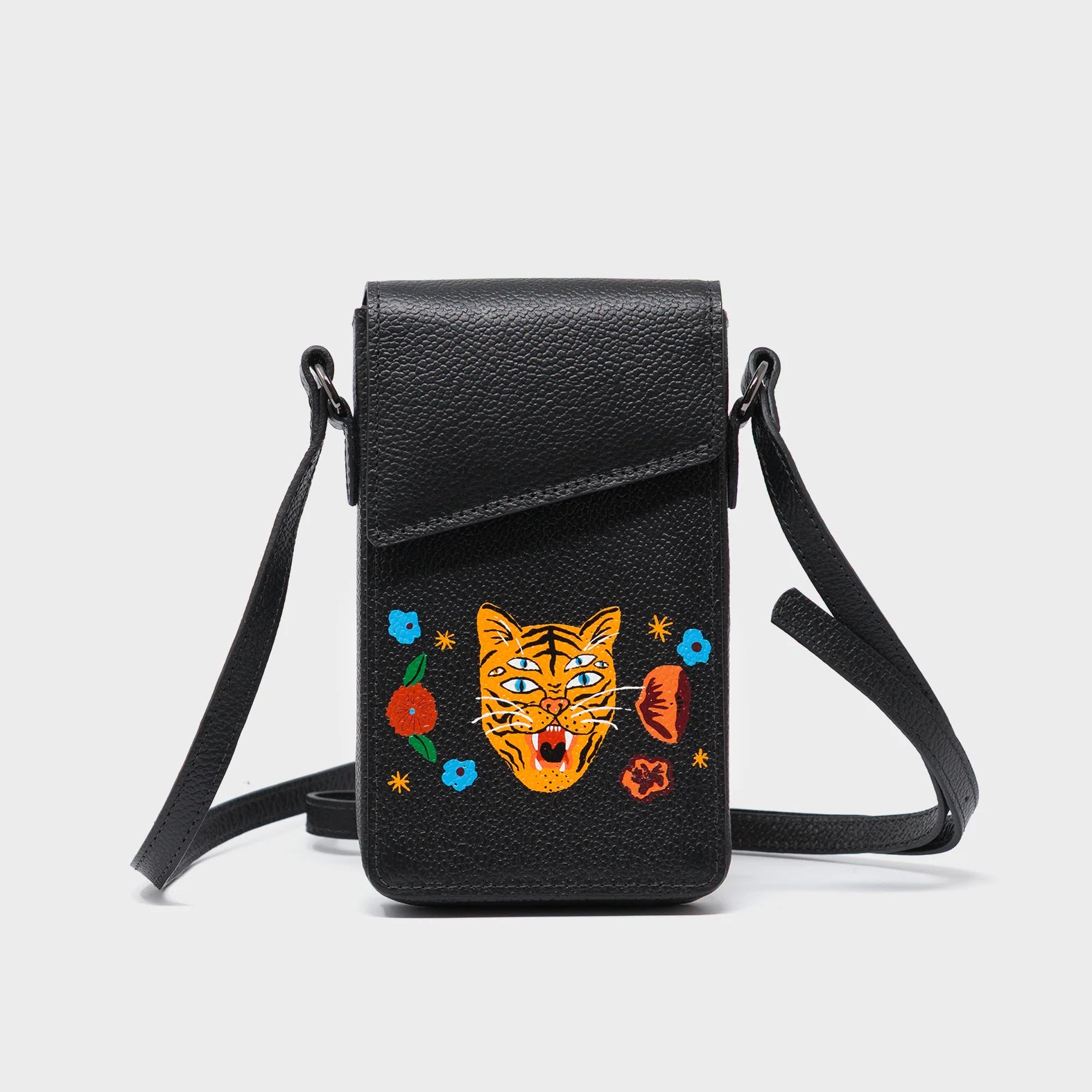 Max Black Cellphone Crossbody Pouch - Happy Tiger Print - Front