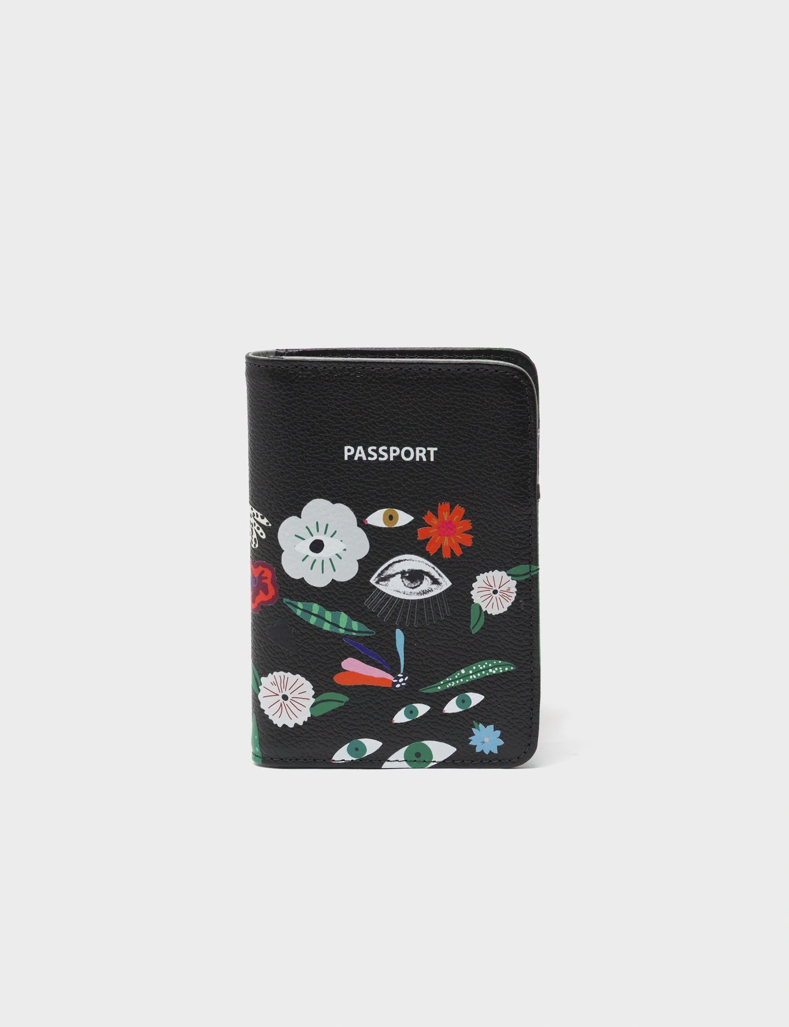 Frida Black Leather Passport Cover - Floralia Print - Front