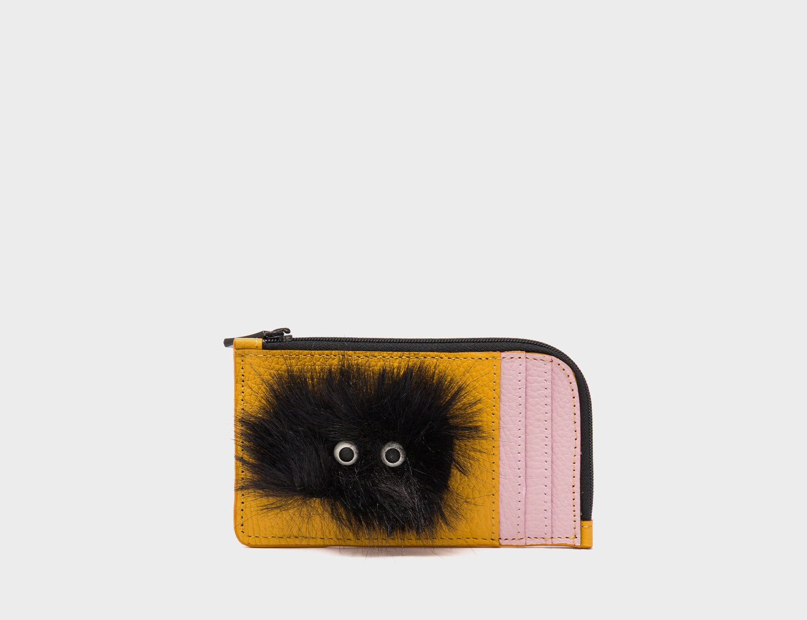 Fausto Golden Glow Leather Zip-around Cardholder - Fuzzy Monster Applique - Front