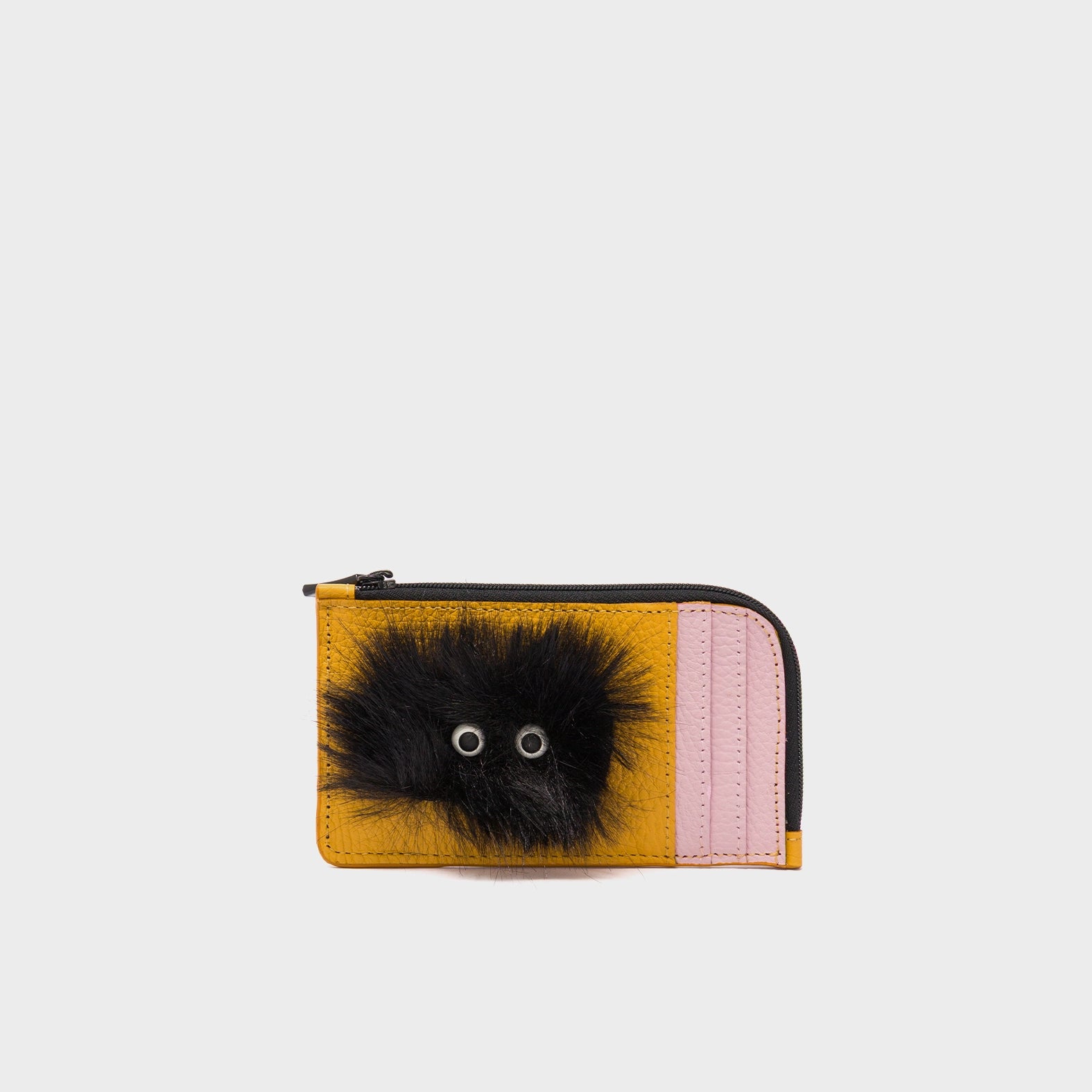 Fausto Golden Glow Leather Zip-around Cardholder - Fuzzy Monster Applique - Front