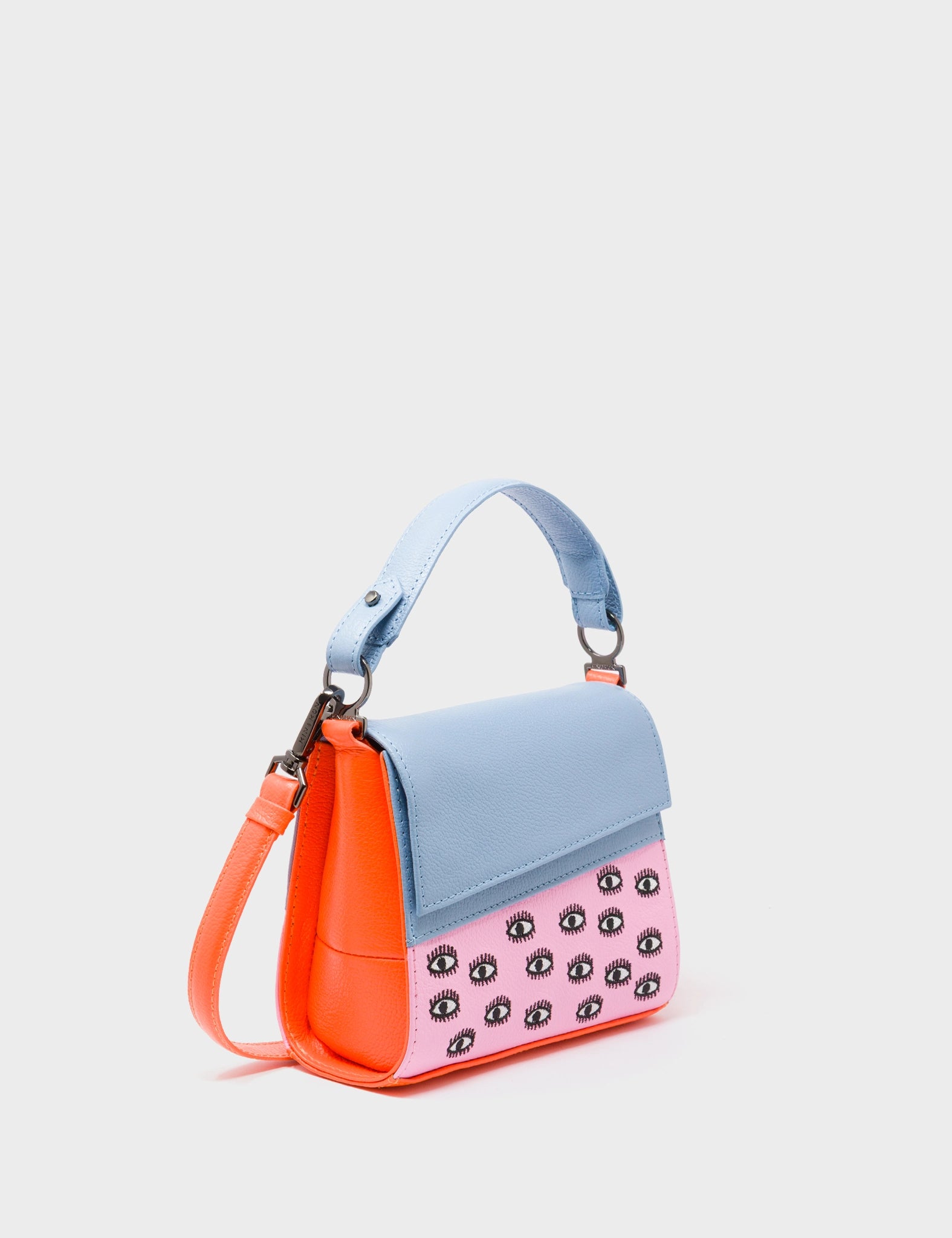 Anastasio Micro Crossbody Handbag Cerulean Blue and Soft Neon Pink Leather - All Over Eyes Embroidery - Main