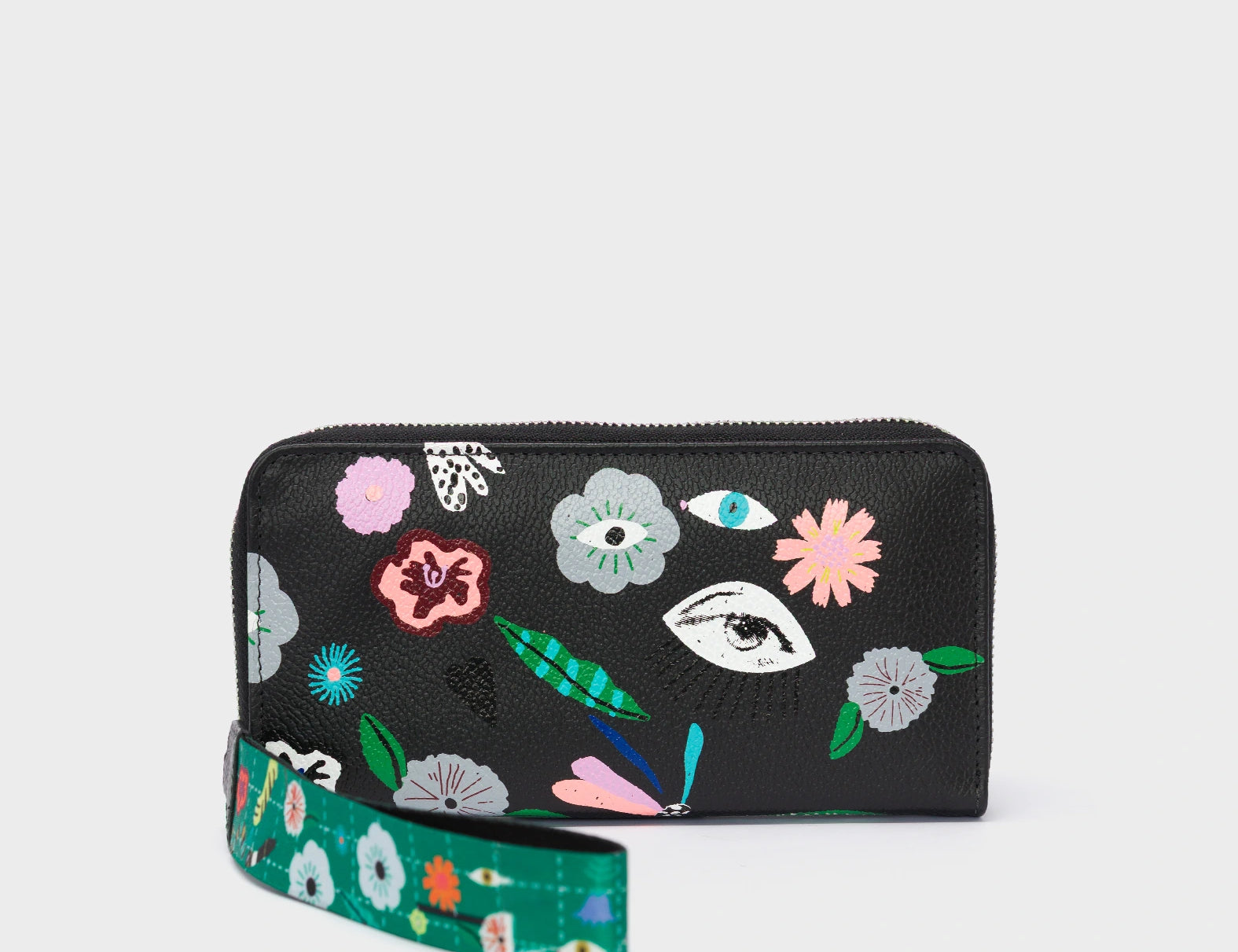 Francis Black Leather Wallet - Floralia Print - Front