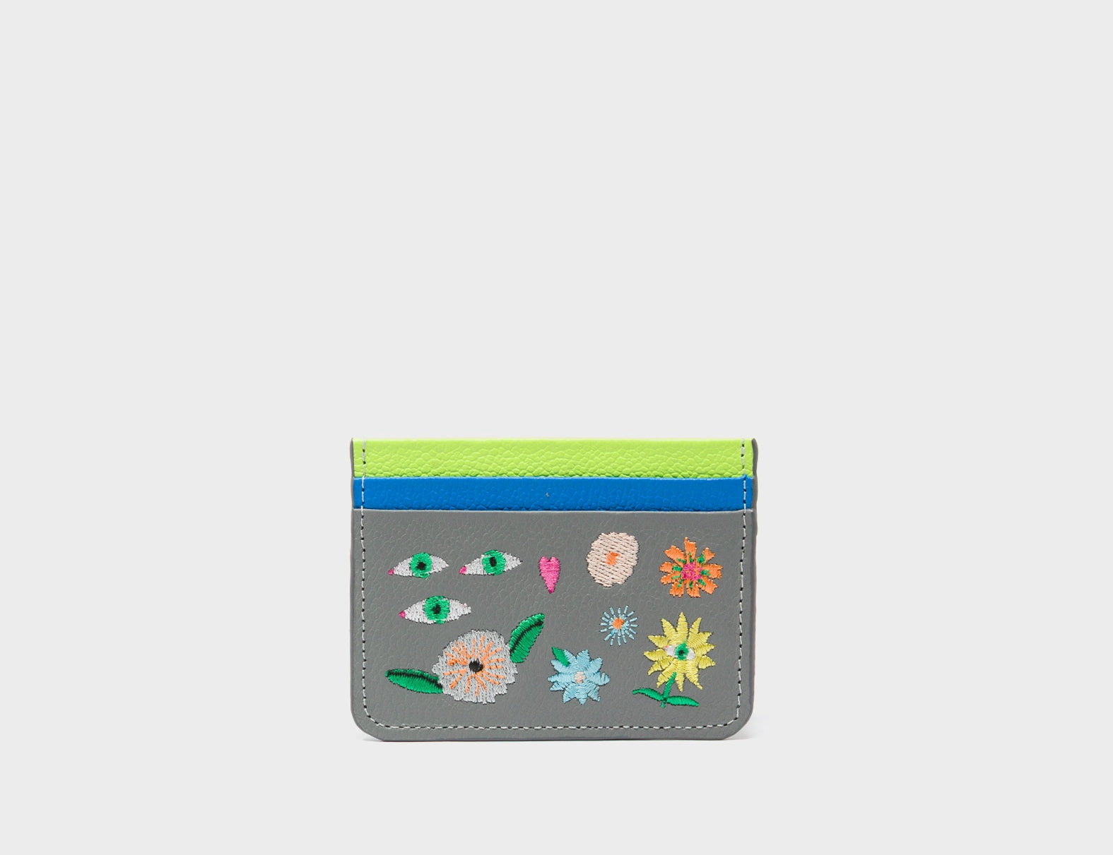 Filium Light Gray Leather Cardholder - Floralia Embroidery - front