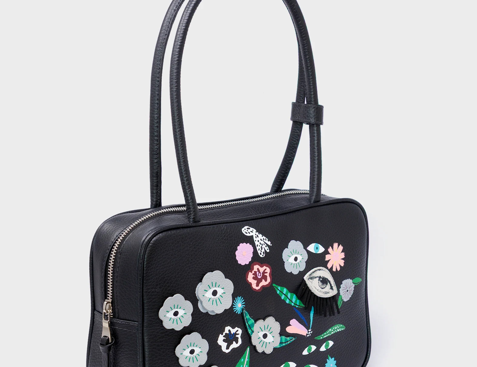 121 Shoulder Bag Black Leather - Floralia Design - Main View
