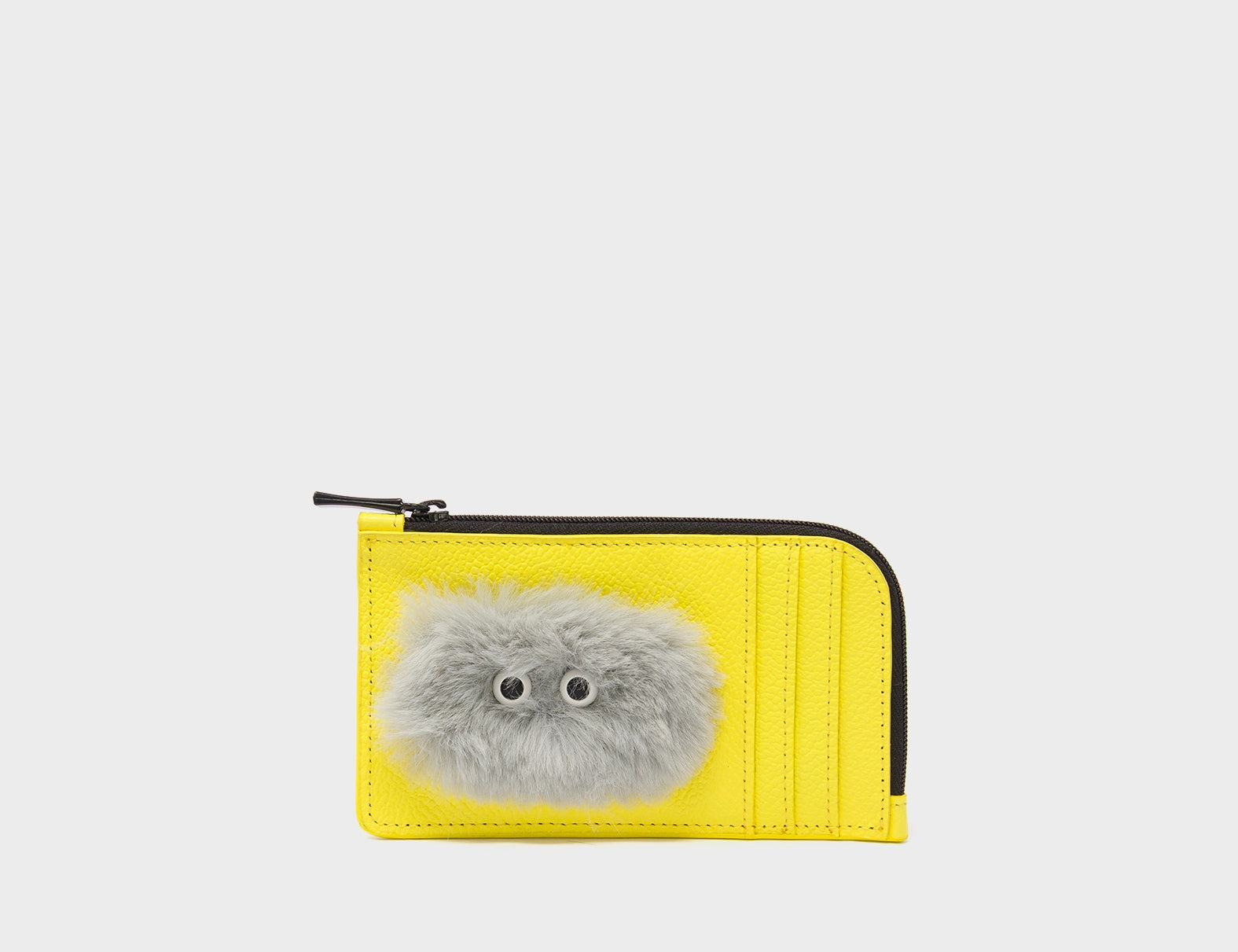 Fausto Celadine Yellow Leather Zip-around Cardholder - Fuzzy Monster Applique - Front