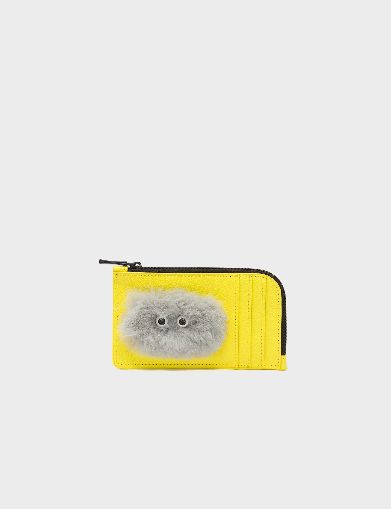 Fausto Celadine Yellow Leather Zip-around Cardholder - Fuzzy Monster Applique - Front