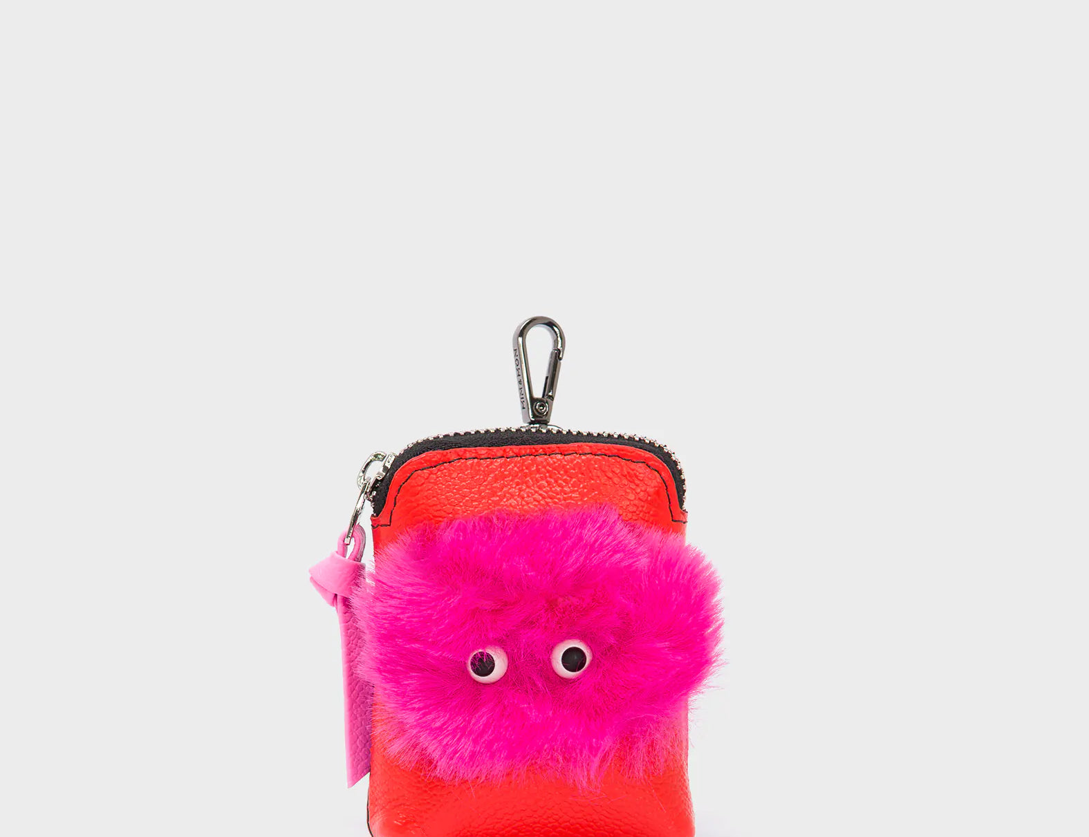 Florence Pouch Charm - Fiesta Red Leather Keychain Fuzzy Monster Applique  - Front