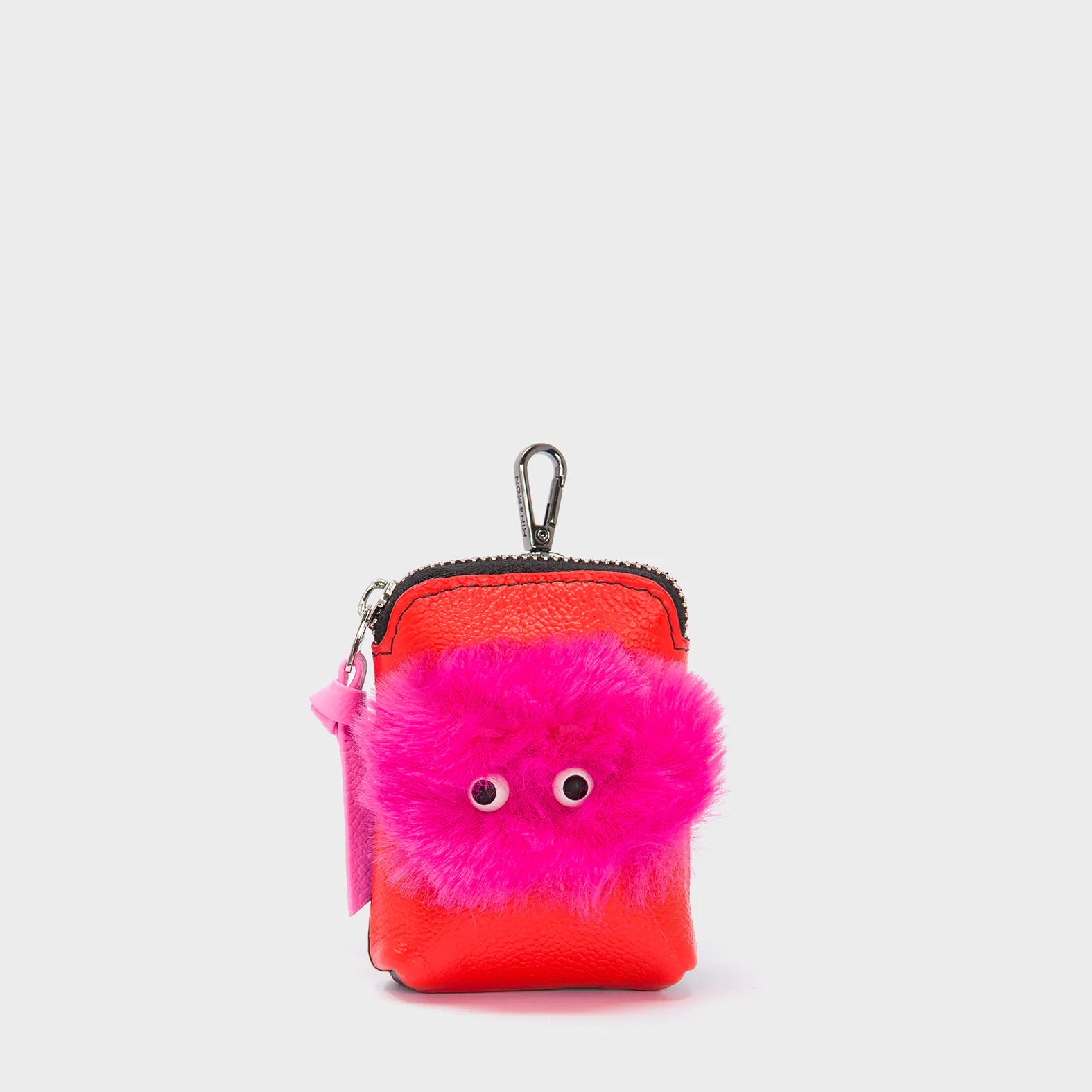 Florence Pouch Charm - Fiesta Red Leather Keychain Fuzzy Monster Applique  - Front