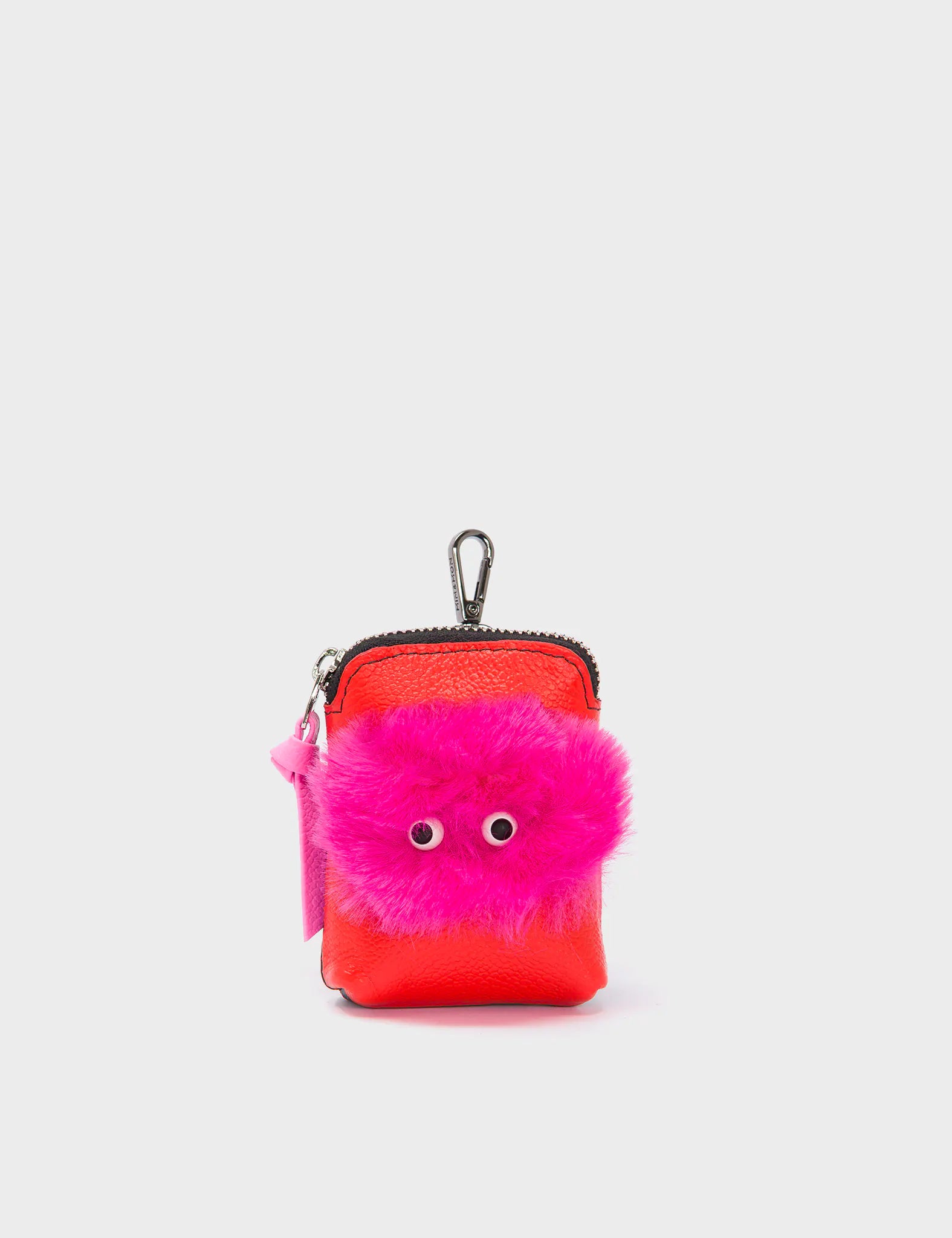 Florence Pouch Charm - Fiesta Red Leather Keychain Fuzzy Monster Applique  - Front