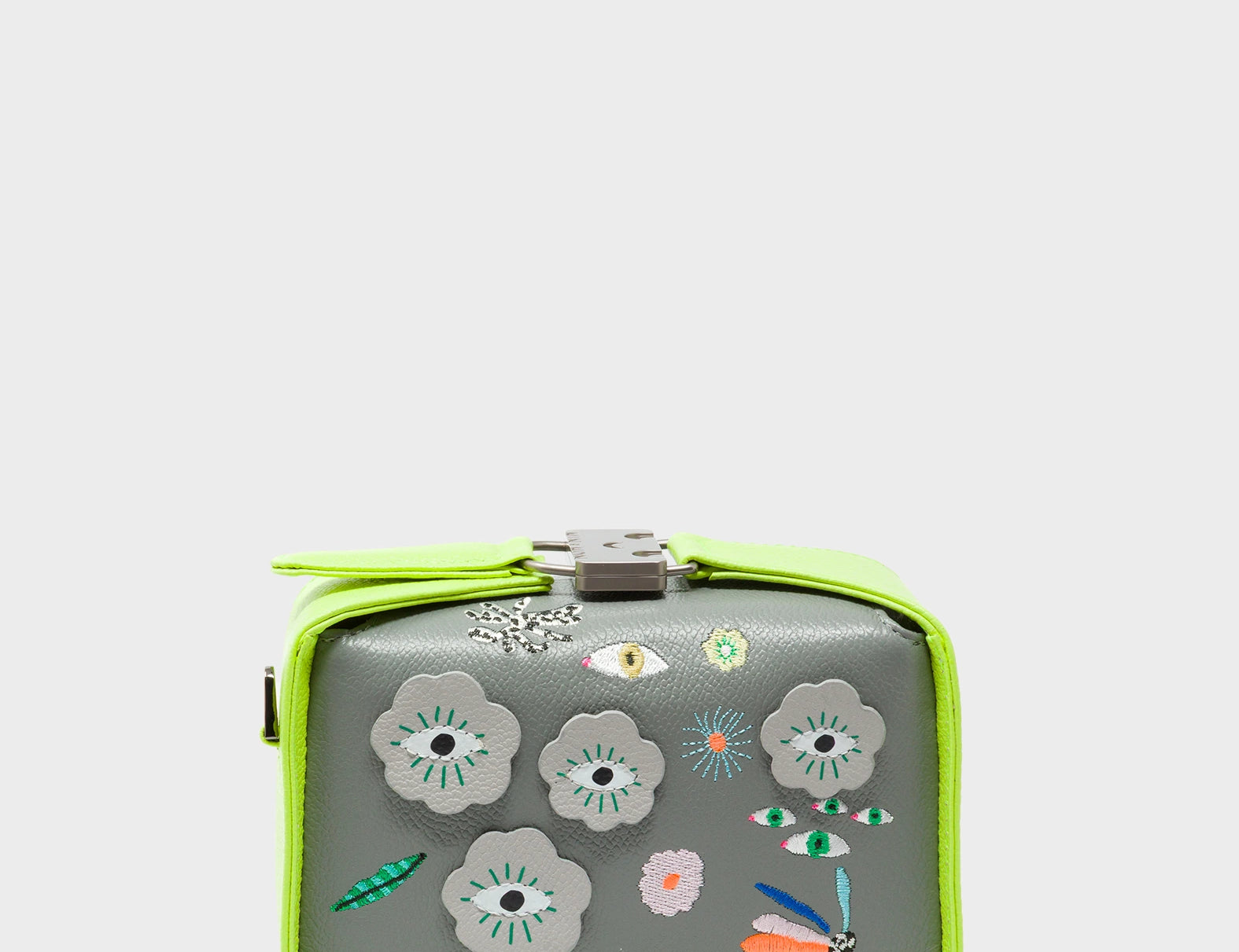 Benji Micro Crossbody Sharp Green and Gray Leather Bag - Floralia Embroidery - Front