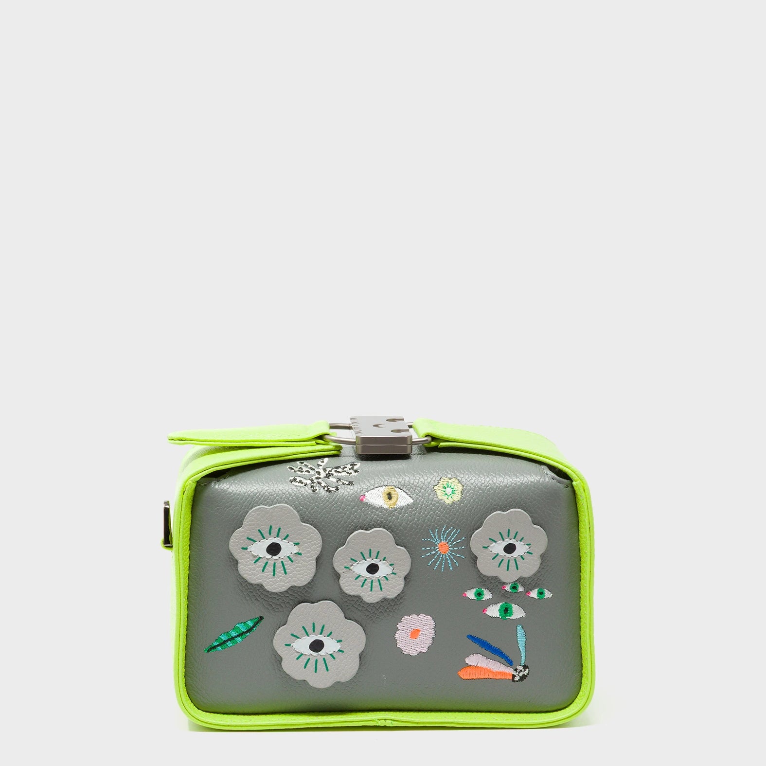 Benji Micro Crossbody Sharp Green and Gray Leather Bag - Floralia Embroidery - Front