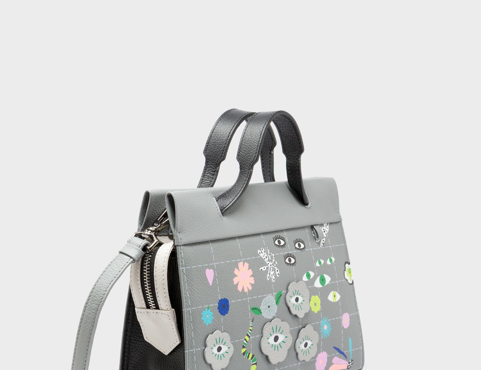 Vali Small Crossbody Gray Leather Bag - Floralia Design - Handles View