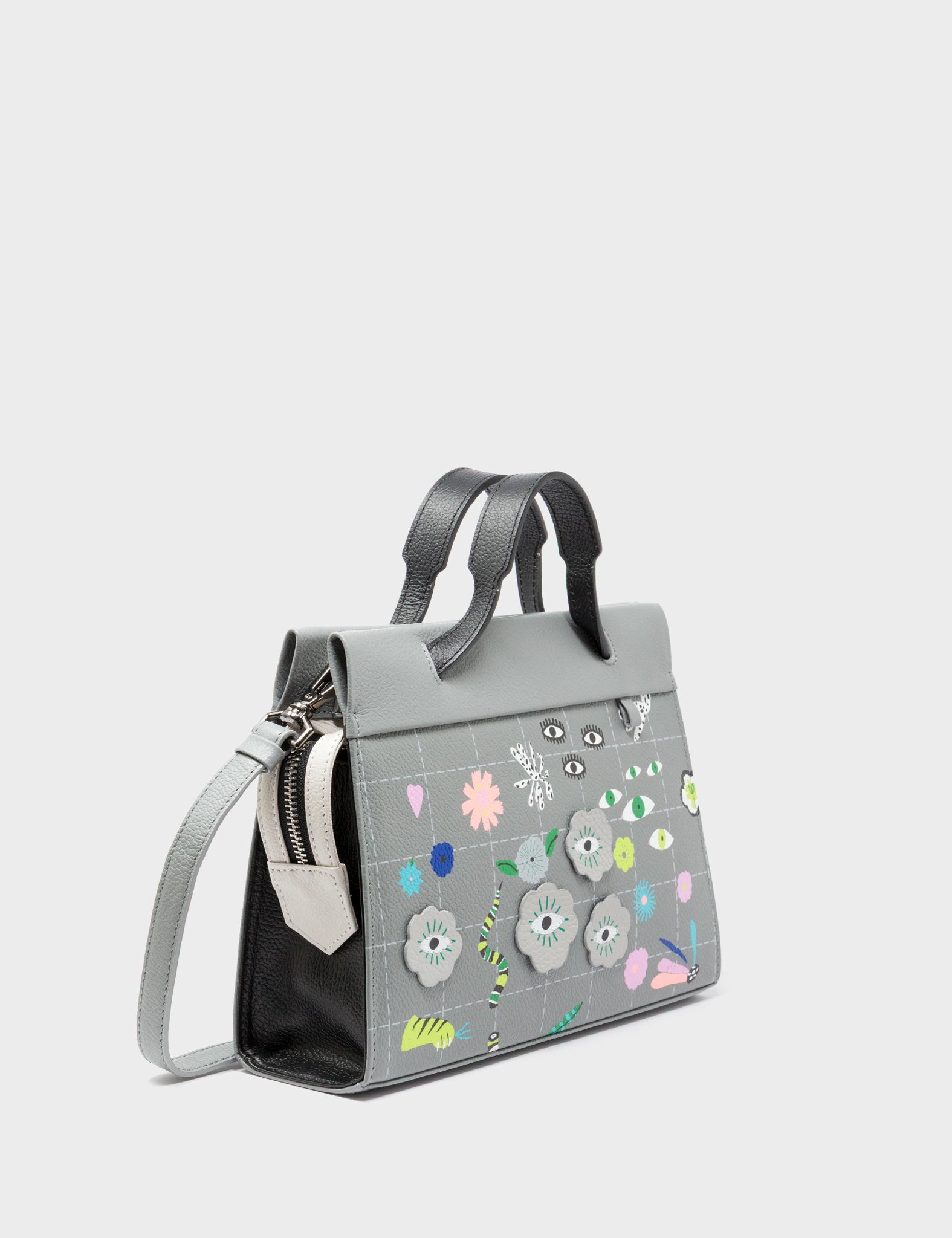 Vali Small Crossbody Gray Leather Bag - Floralia Design - Handles View