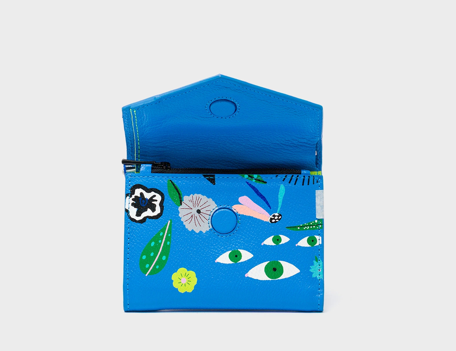 Fiona Ibiza Blue Leather Wallet - Floralia Print - Front Open View