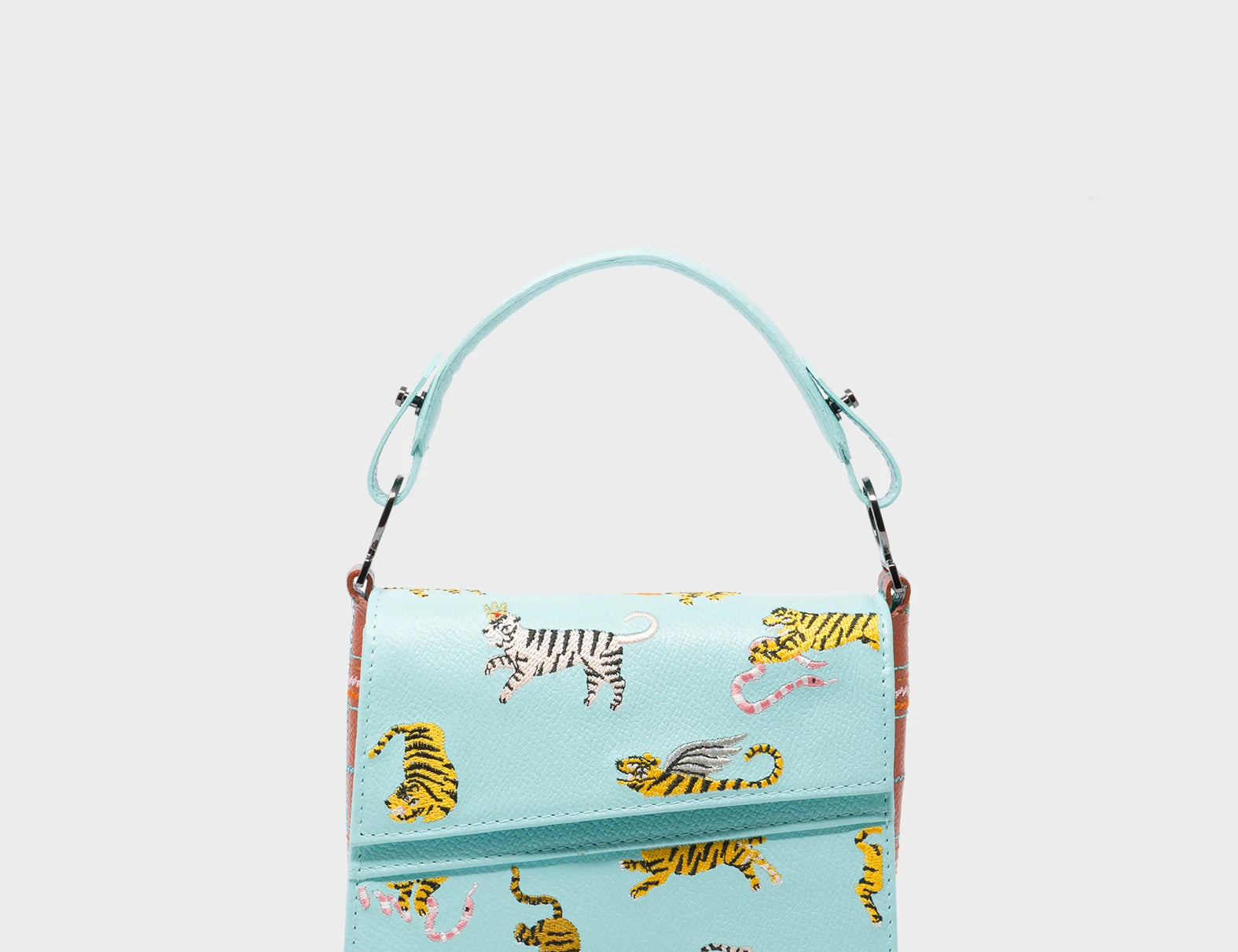Anastasio Micro Crossbody Handbag Eggshell Blue Leather - Retro Tiger Embroidery - Front View