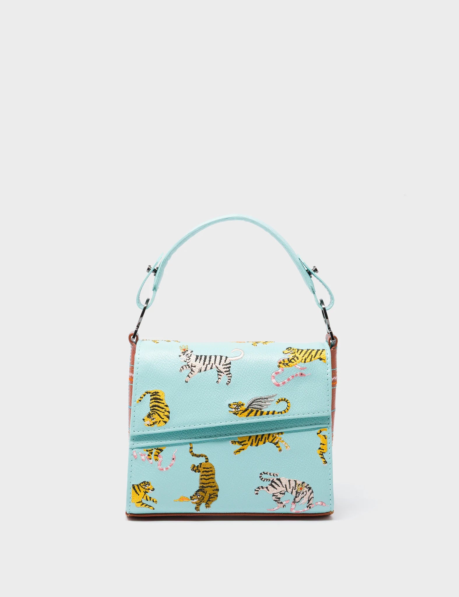 Anastasio Micro Crossbody Handbag Eggshell Blue Leather - Retro Tiger Embroidery - Front View