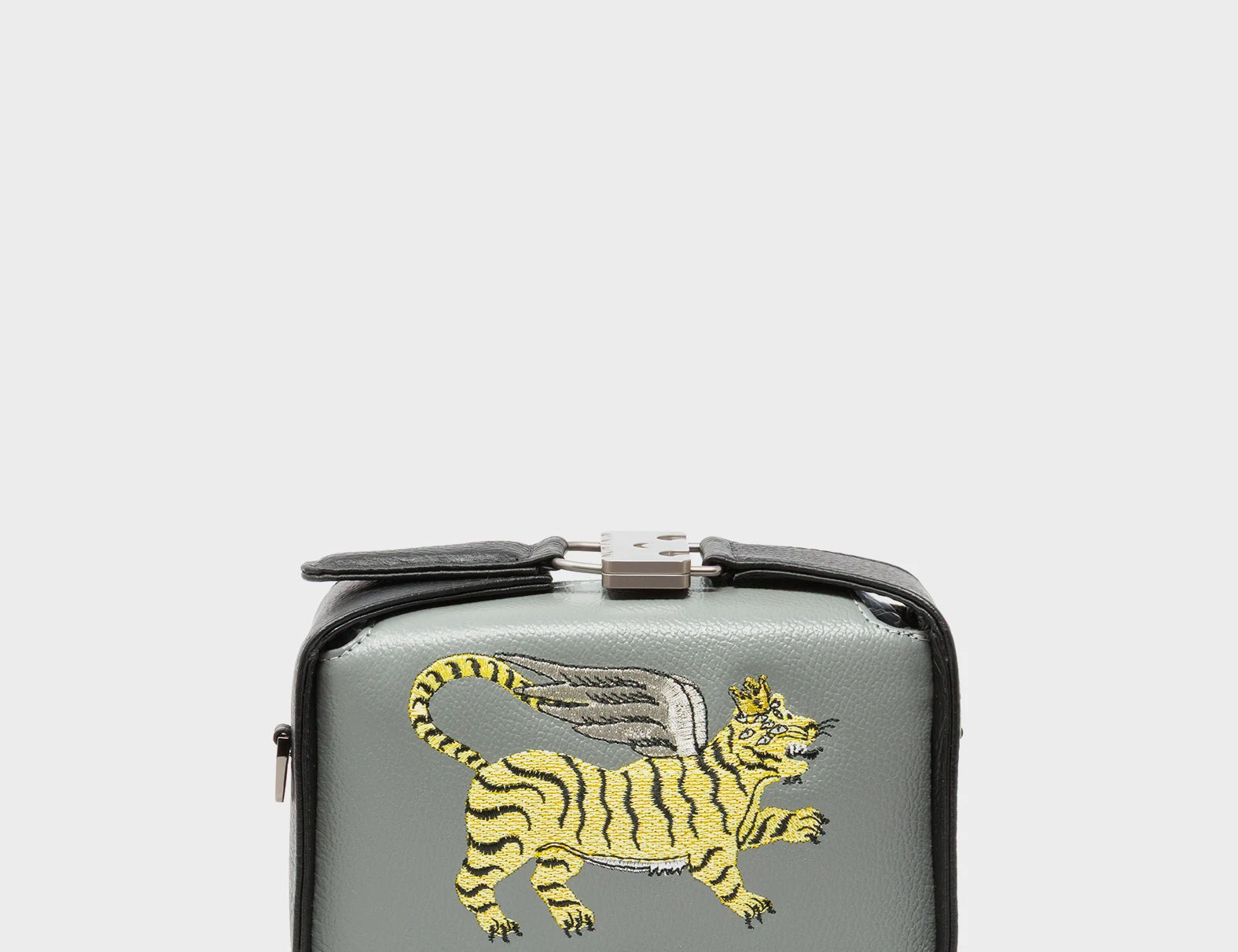 Benji Micro Crossbody Black and Gray Leather Bag - Winged Tiger Embroidery - Front