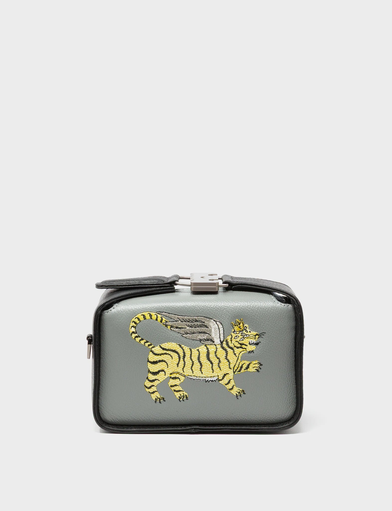 Benji Micro Crossbody Black and Gray Leather Bag - Winged Tiger Embroidery - Front